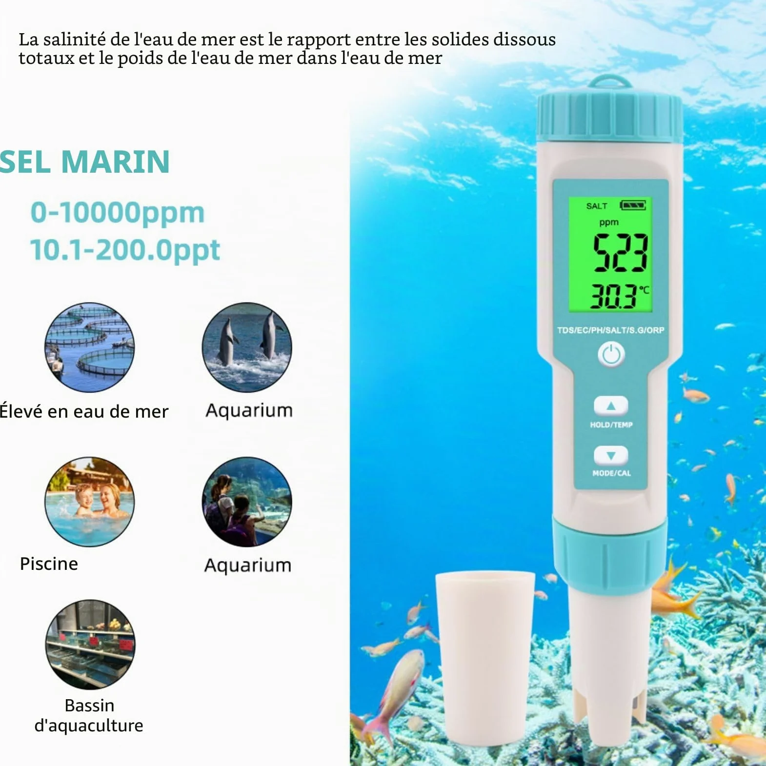 Testeur De Qualité de L'eau, Testeur PH Mètre 7 en 1 et PH/TDS/SALT/ORP/S.G/TEMP/EC, PH-mètre Avec Écran LCD, Pour Eau Potable, Piscine, Aquariums, Hydroponie #A