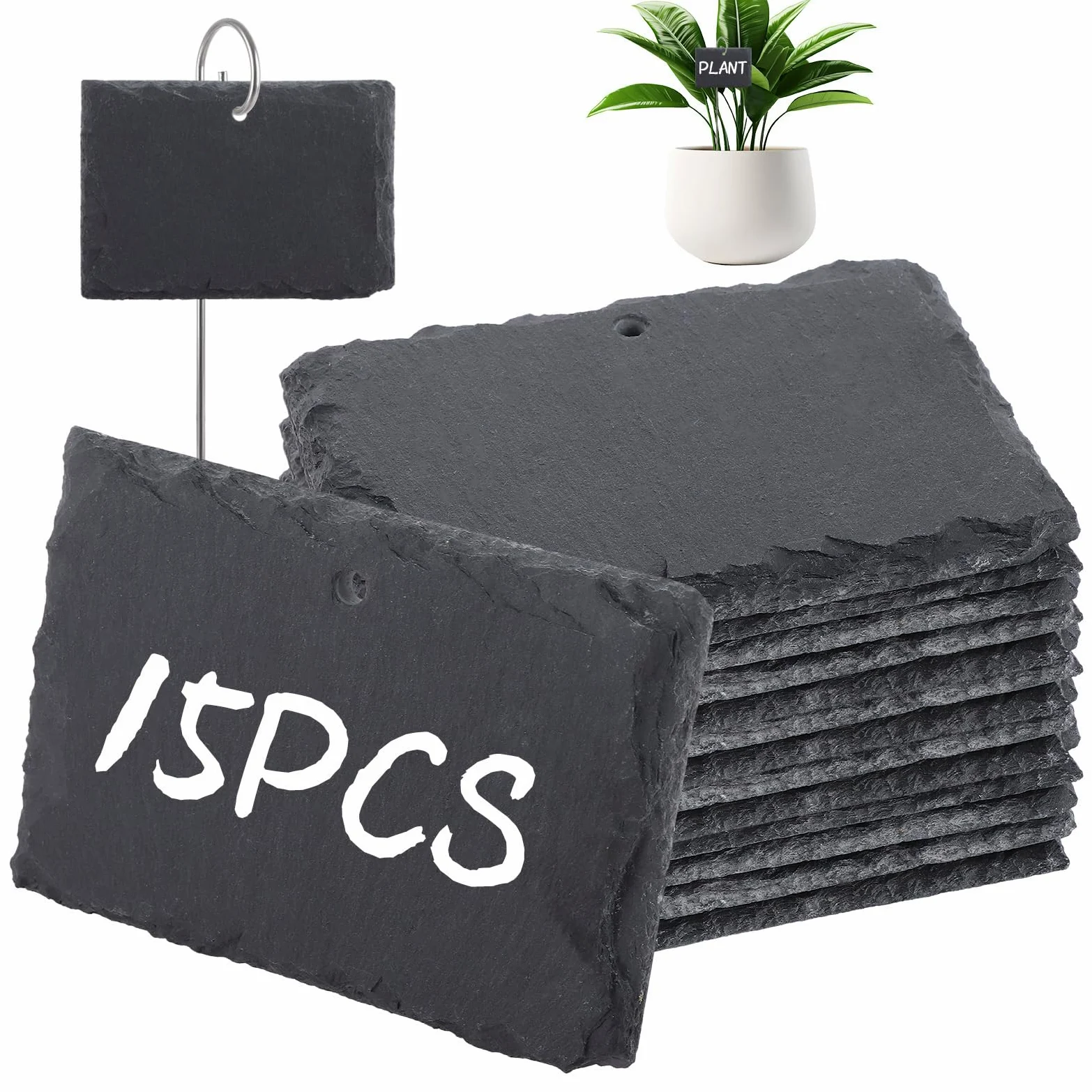 APACALI Lot de 15 étiquettes rectangulaires pour plantes en ardoise - 10 x 7 cm - Avec tiges en acier inoxydable de 40 cm - Pour plantes d'extérieur, légumes, fleurs