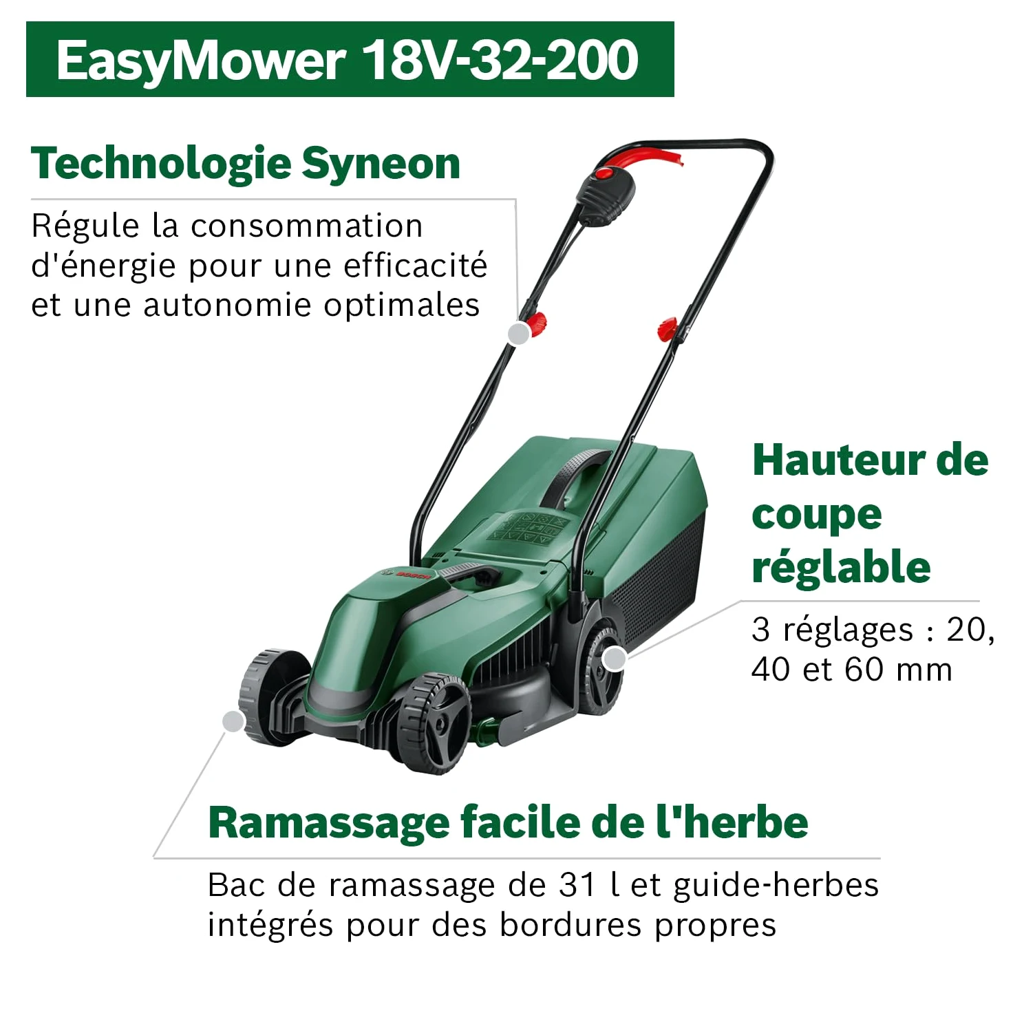 Bosch Tondeuse sans fil - EasyMower 18V-32-200 (livré dans un carton sans batterie, système 18 V, diamètre de coupe : 32 cm)