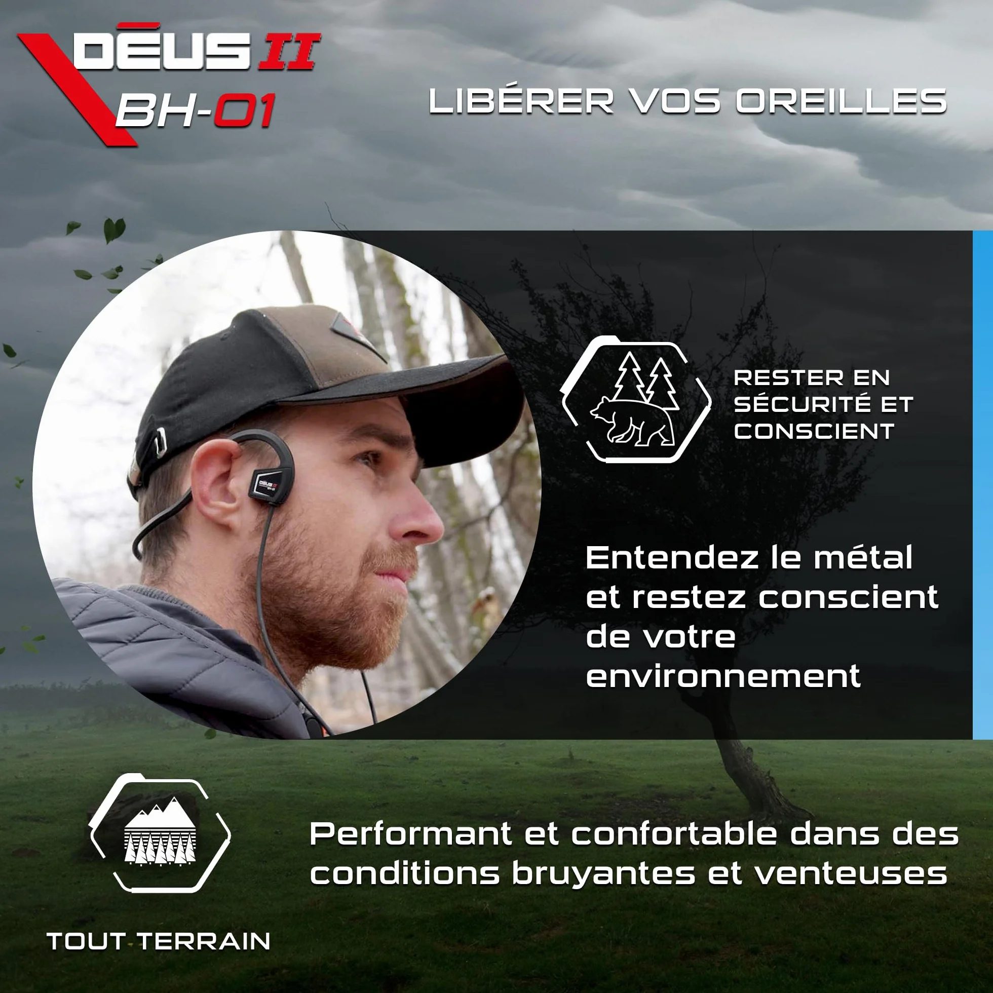 XP METAL DETECTORS BH-01 Casque à Conduction osseuse Filaire IP68 pour Deus II détection métaux sous-marine 20m