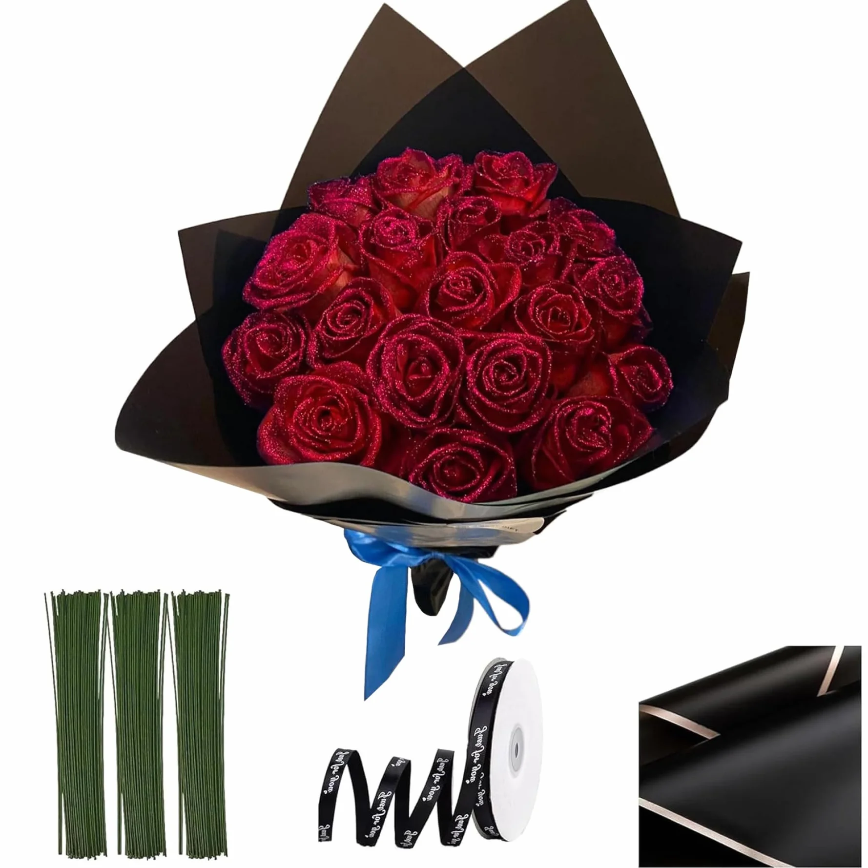 Bouquet de roses scintillantes 9,5 pouces fausses roses bricolage avec tige, rubans d'emballage et papier d'emballage
