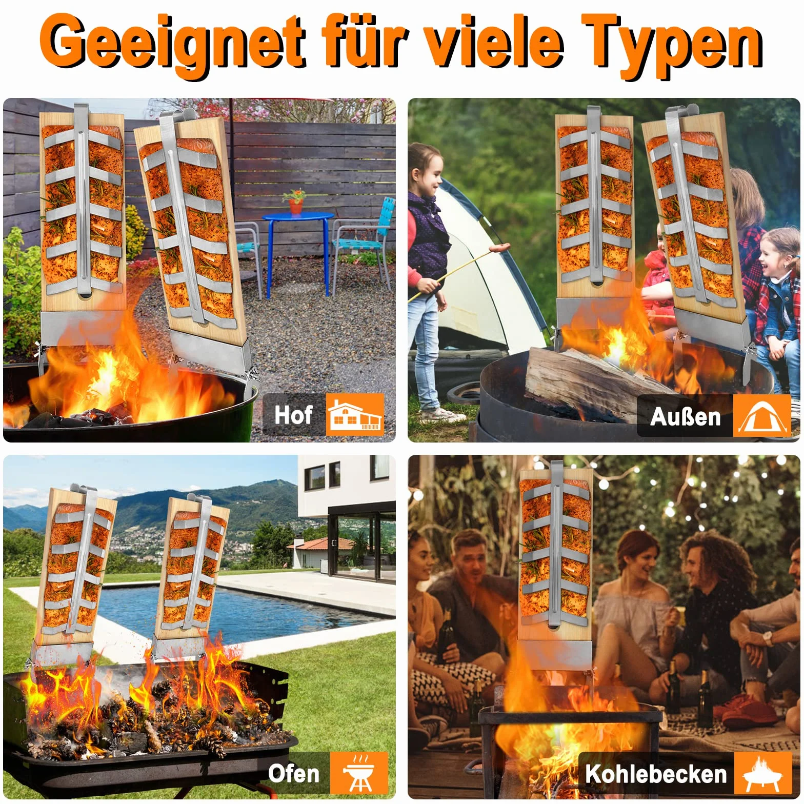 4X Planche à Saumon Flammé en Hêtre avec Support pour Griller Planche en Bois de Cèdre 5 Niveaux réglable pour Brasero, Grill