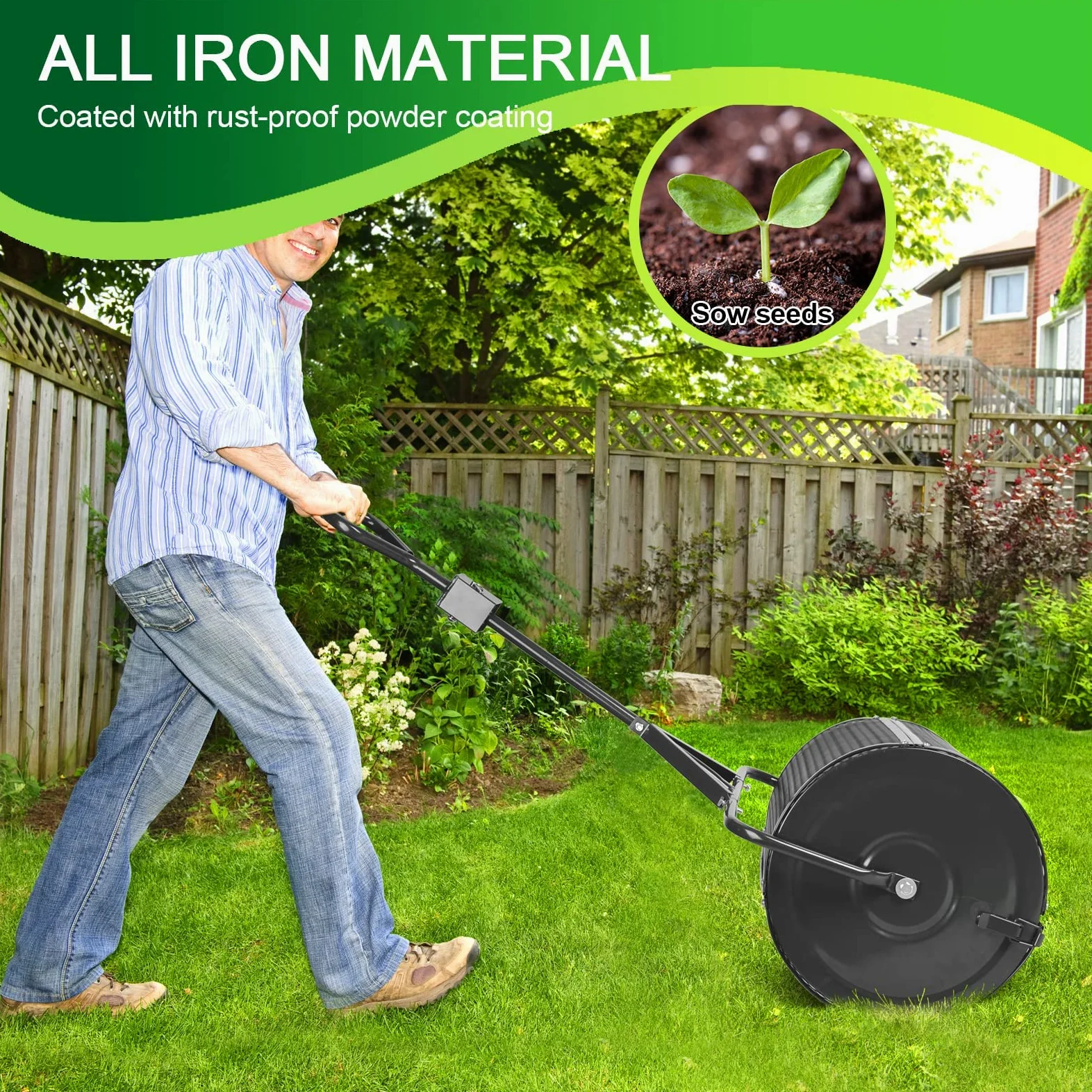 Épandeur de pelouse et de jardin, rouleau en maille métallique robuste pour une répartition uniforme du compost, de la mousse de tourbe et de la terre végétale – Poussez ou remorquez pour une