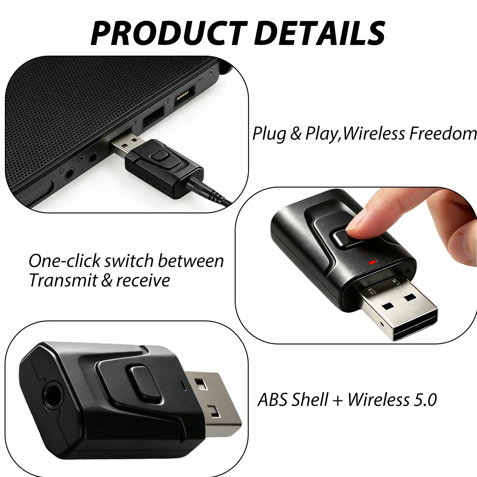 Adaptateur Bluetooth USB 5.0 2 en 1 Émetteur Récepteur Audio avec Jack 3,5 mm pour PC TV Voiture