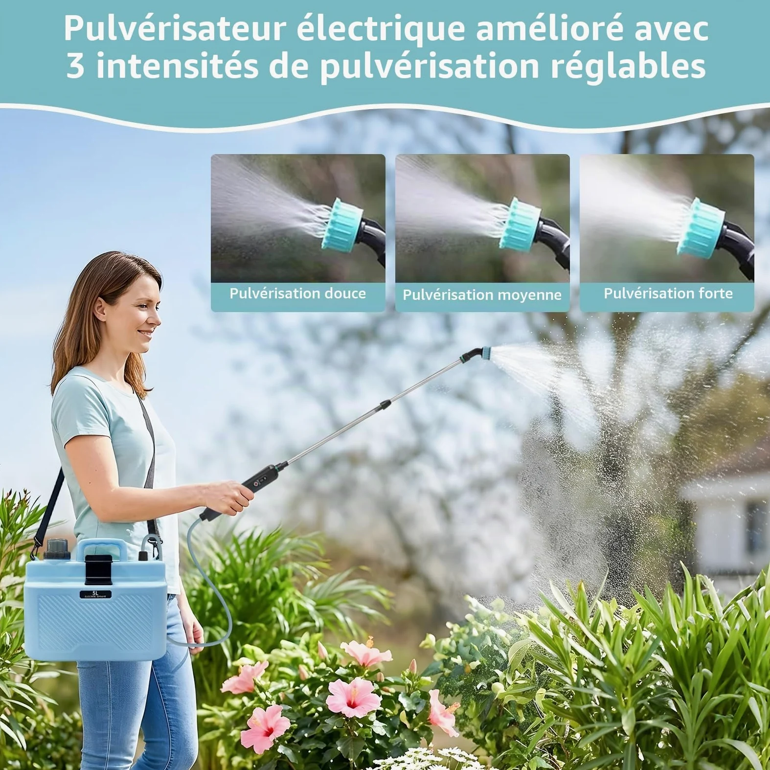 Pulvérisateur Électrique 5L Rechargeable, Pulvérisateur à Dos Jardin avec 4 Buses et Canne Télescopique adapté pour Arrosage et Désherbage dans Le Jardin