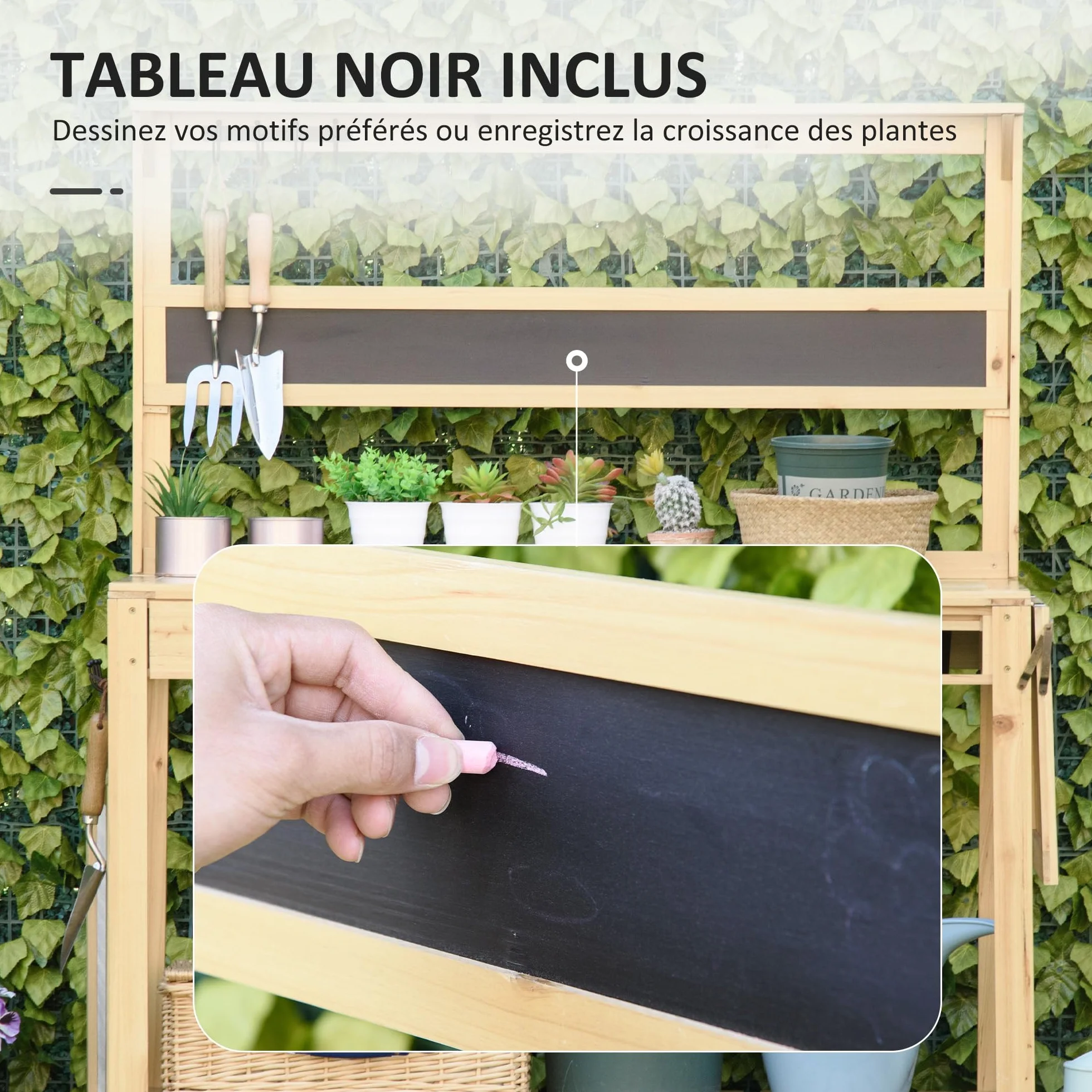 Outsunny Table de rempotage de jardin avec 2 étagères, tiroir, étagère pliante, 8 crochets, évier, tamis, planche en bois d'épicéa