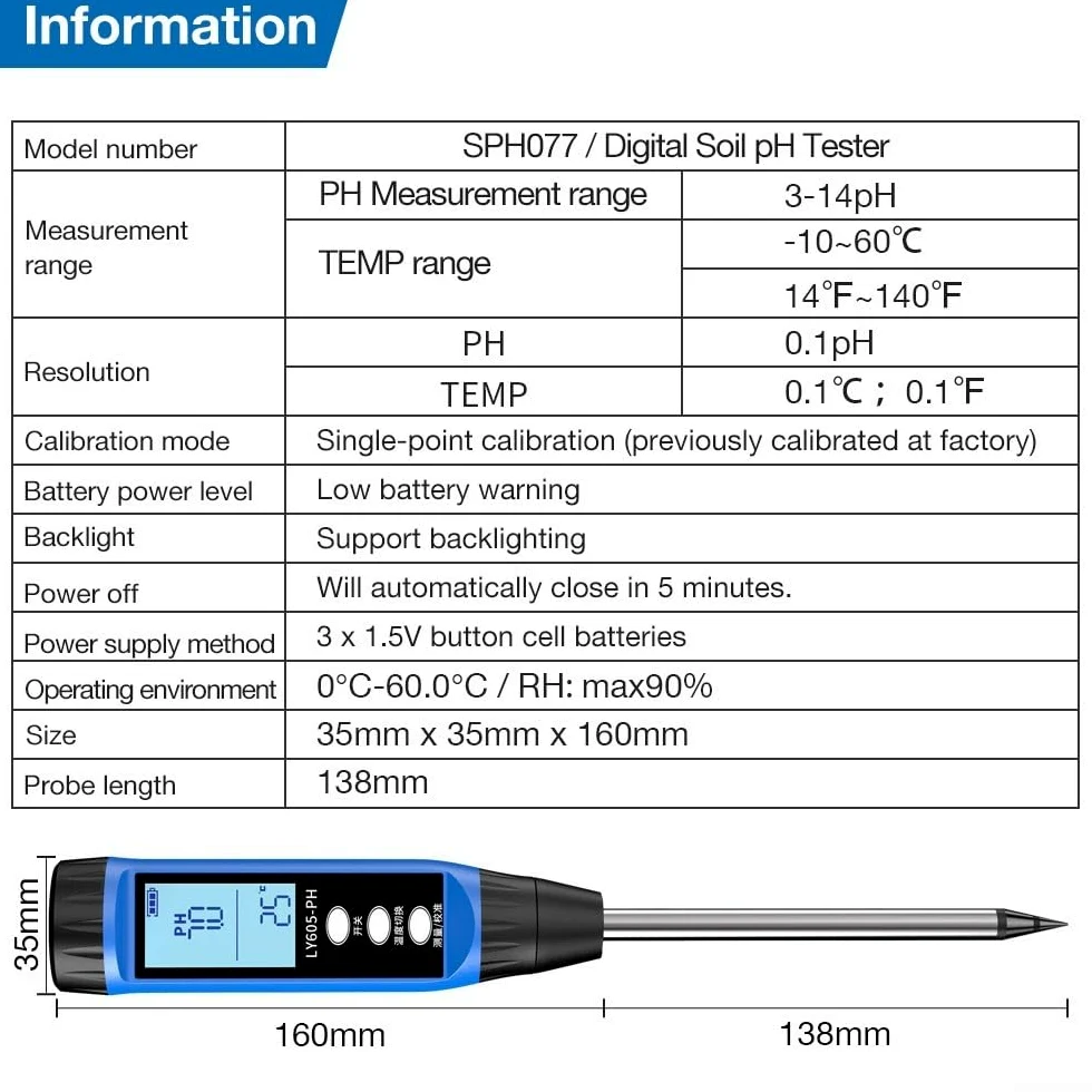 Testeur numérique de pH du sol, capteur d'humidité de haute précision pour jardin et ferme, écran LCD testeur avec compensation de température, outil de mesure rapide pour l'agriculture (605)