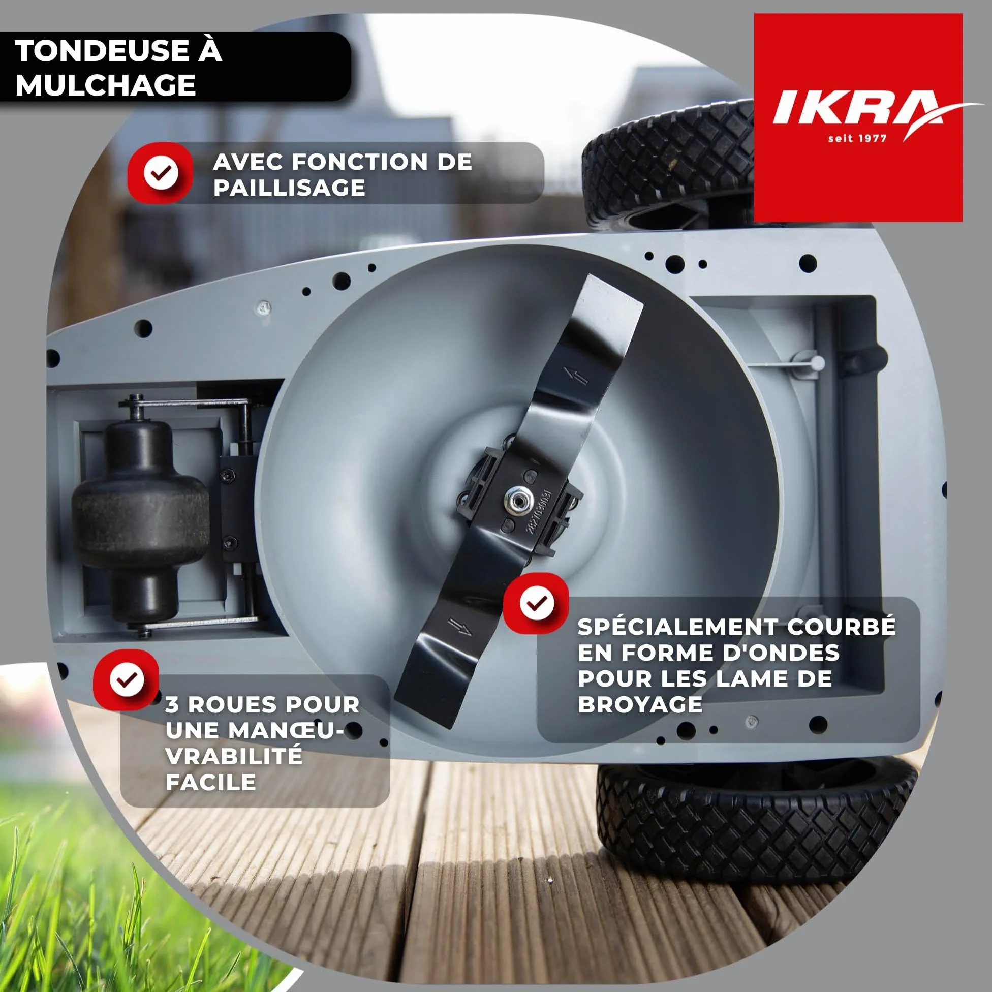 IKRA Tondeuse à Gazon sans Fil ICHM 20, avec Batterie 20 V et Chargeur | Avec fonction mulching, recommandation pour 50 m², largeur 21 cm, hauteur de coupe 25-48 mm, gamme de batteries 20 V d'IKRA