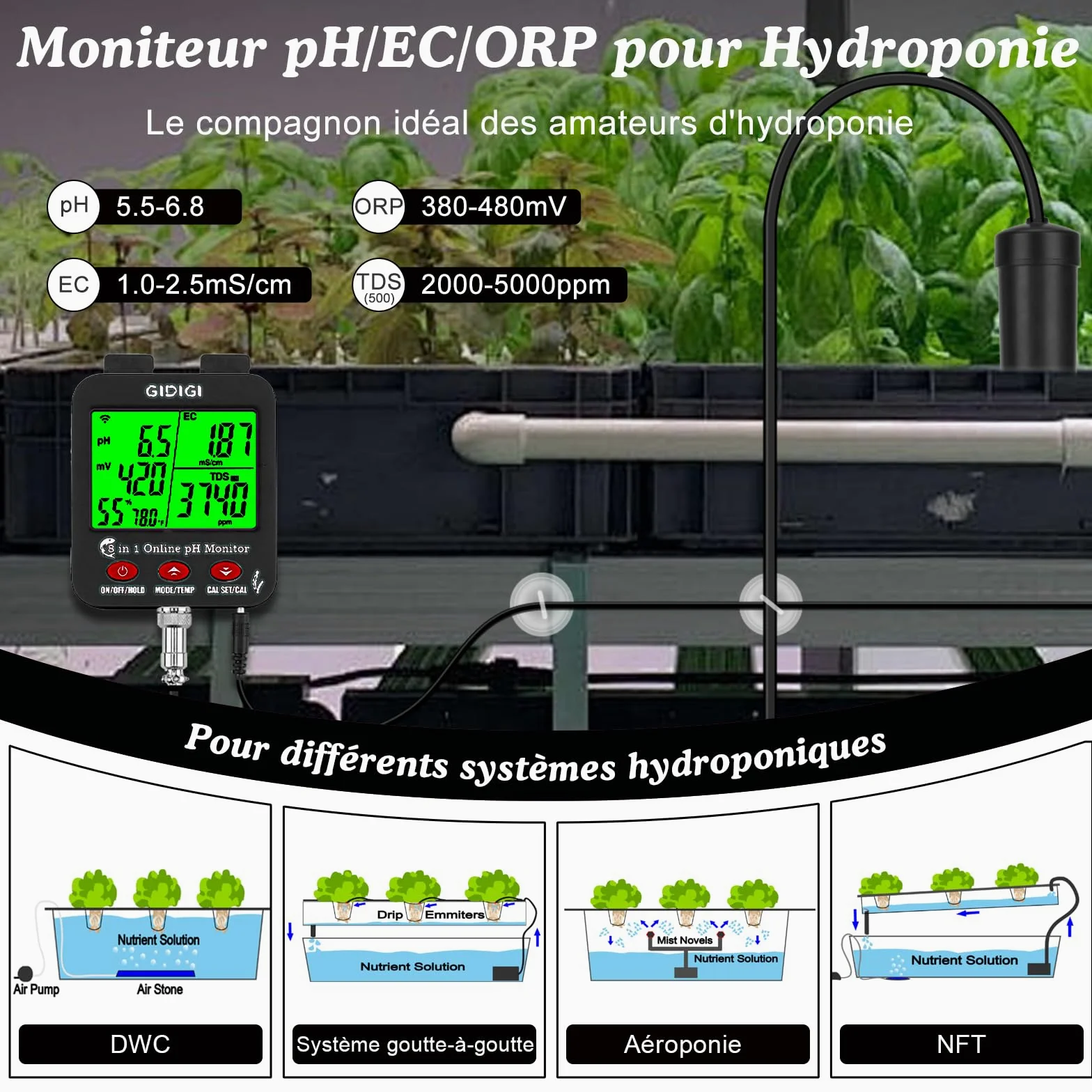 Testeur intelligent WiFi 8 en 1 de pH/EC/CF/TDS/salinité avec ORP | moniteur de nutriments hydroponiques et testeur sel et de pH pour aquariums, bassins et systèmes hydroponiques