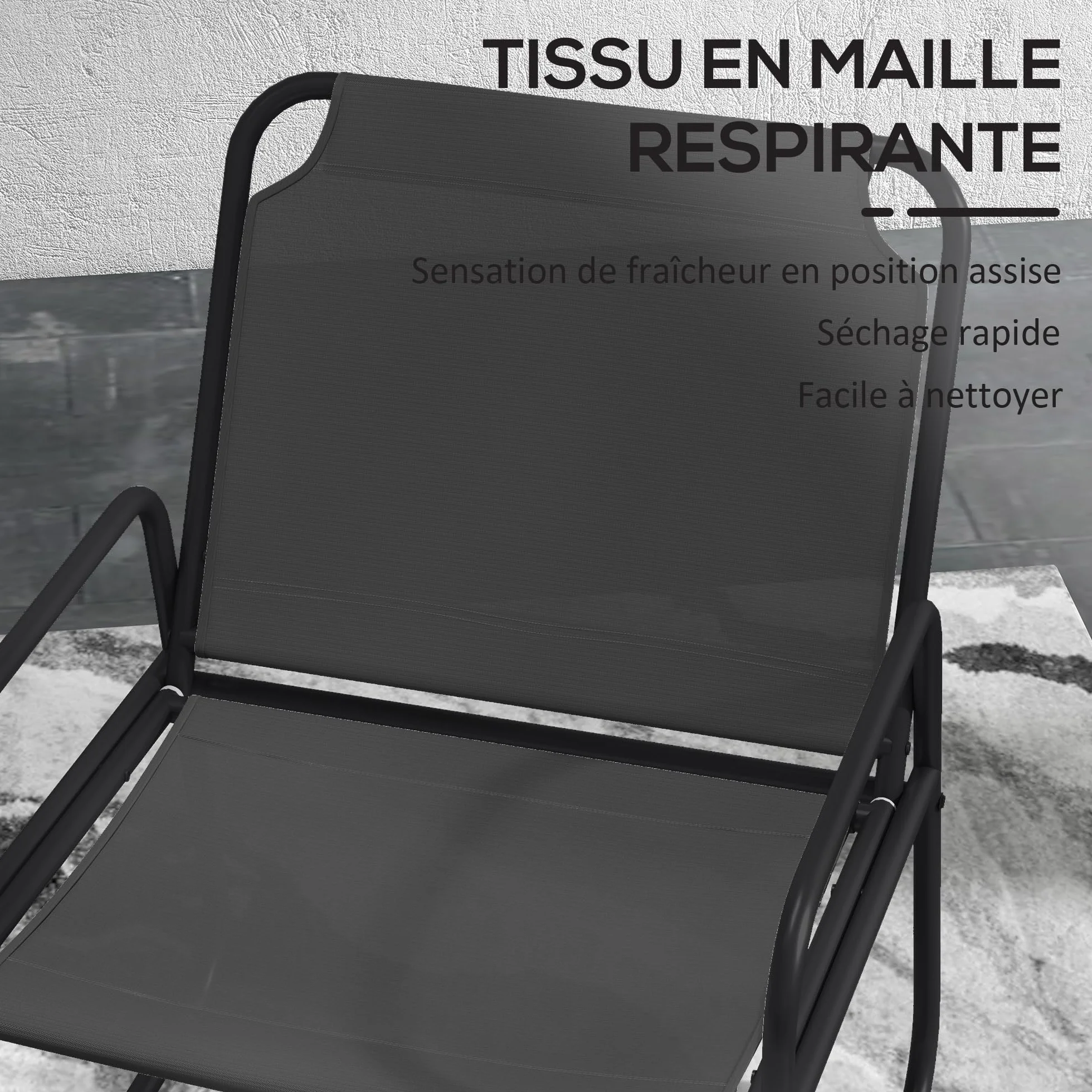 Outsunny Salon de Jardin 3 pièces, 2 fauteuils 1 table ronde, Acier, Tissu respirant, Gris