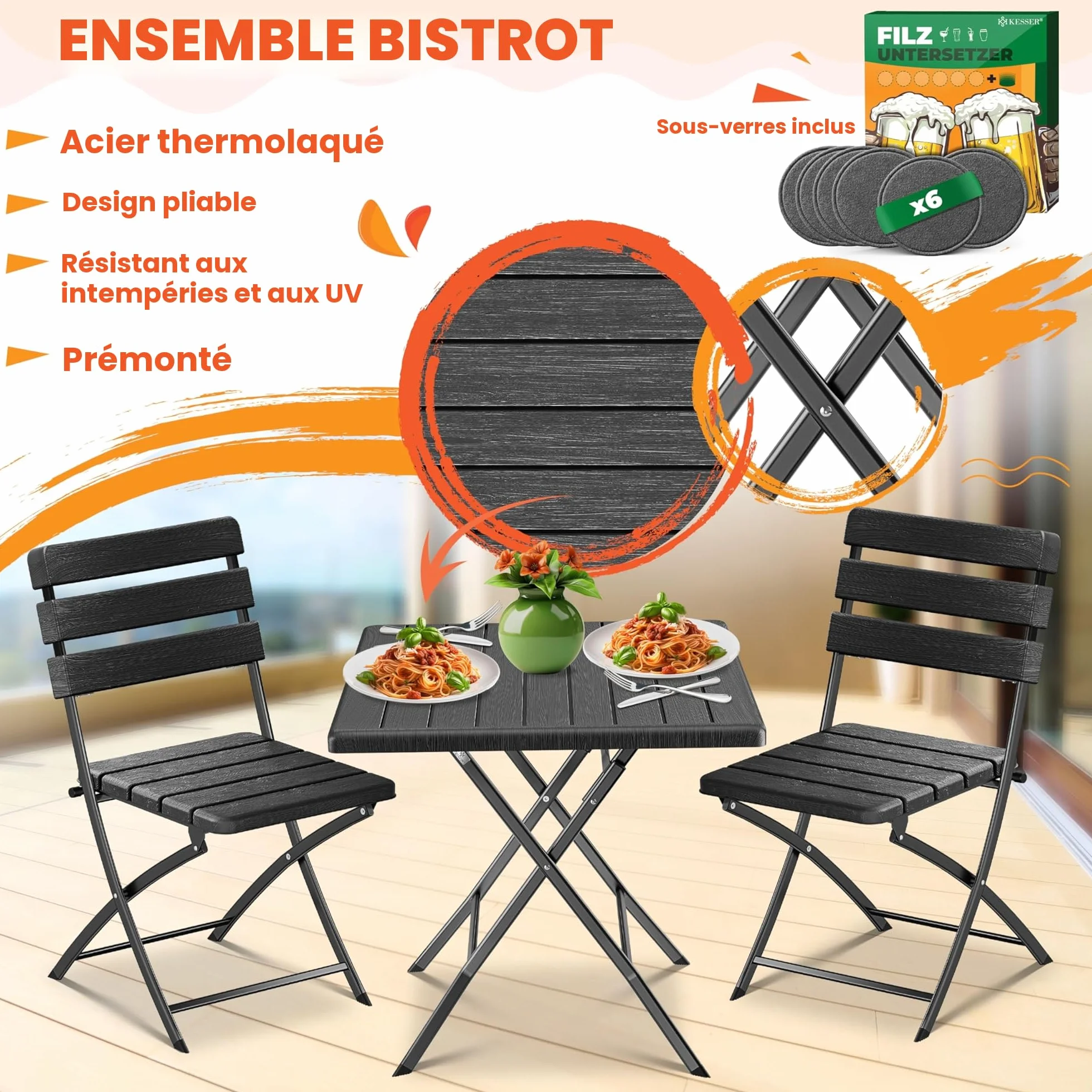 KESSER Ensemble de Bistrot 3 Pièces Pliable Acier Bois Balcon Résistant Intempéries UV