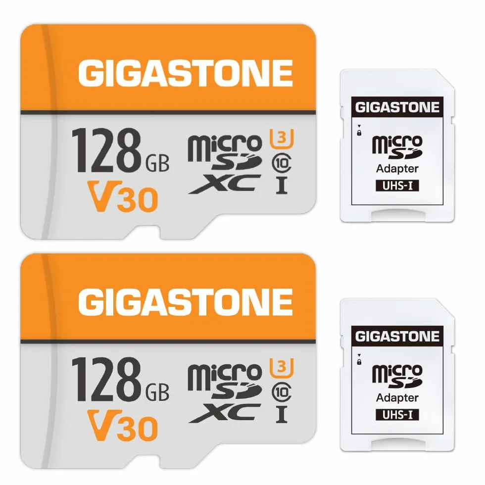 Gigastone Lot de 2 Cartes Mémoire 128 Go Micro SDXC A1 U3 C10 pour 4K UHD Vidéo avec Adaptateur SD