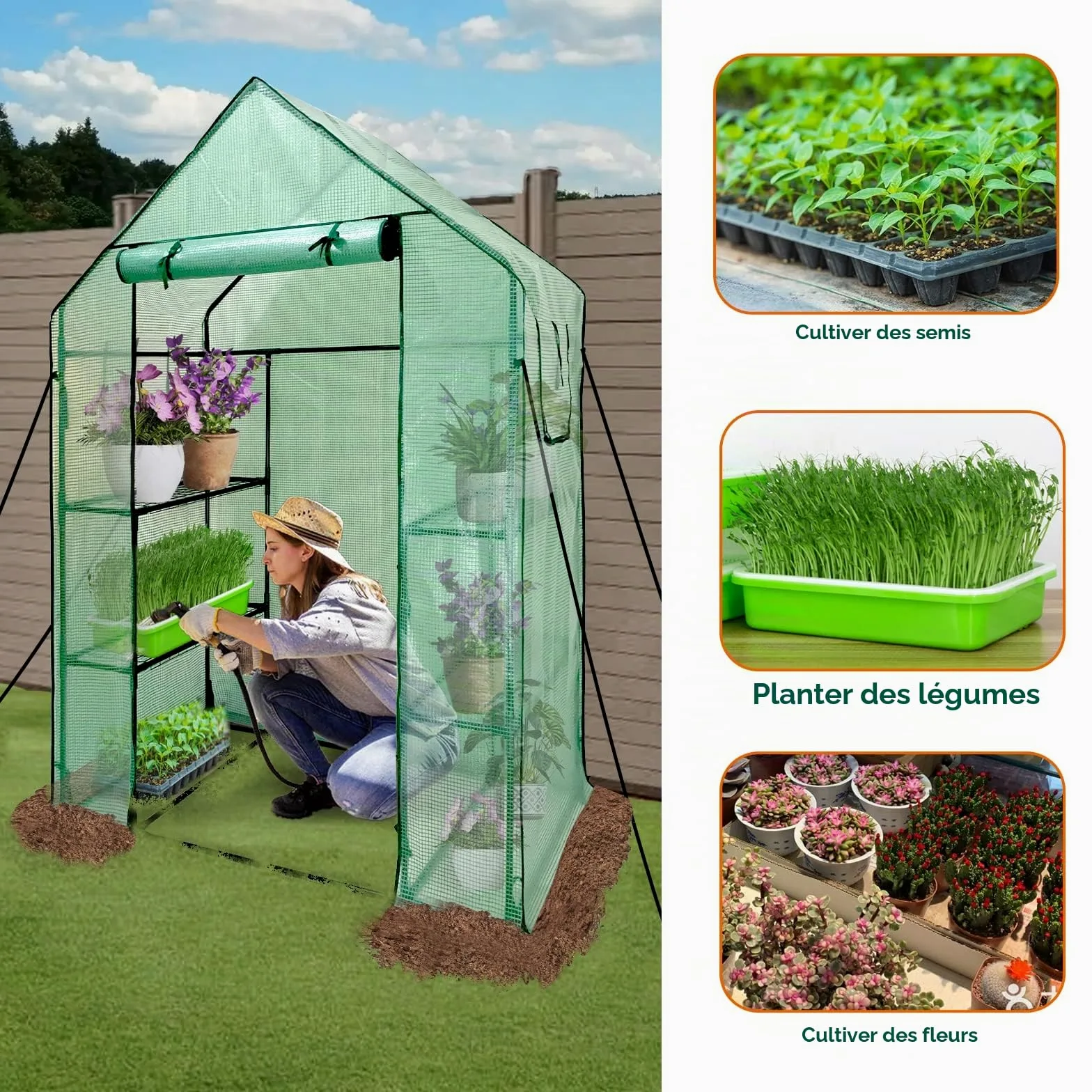 Serre de Jardin avec 6 Étagères, Serre à tomates Foilen, Couverture en renforcé PE avec Porte et fenêtres et Cadre en Acier, Vert, 143x73x195cm