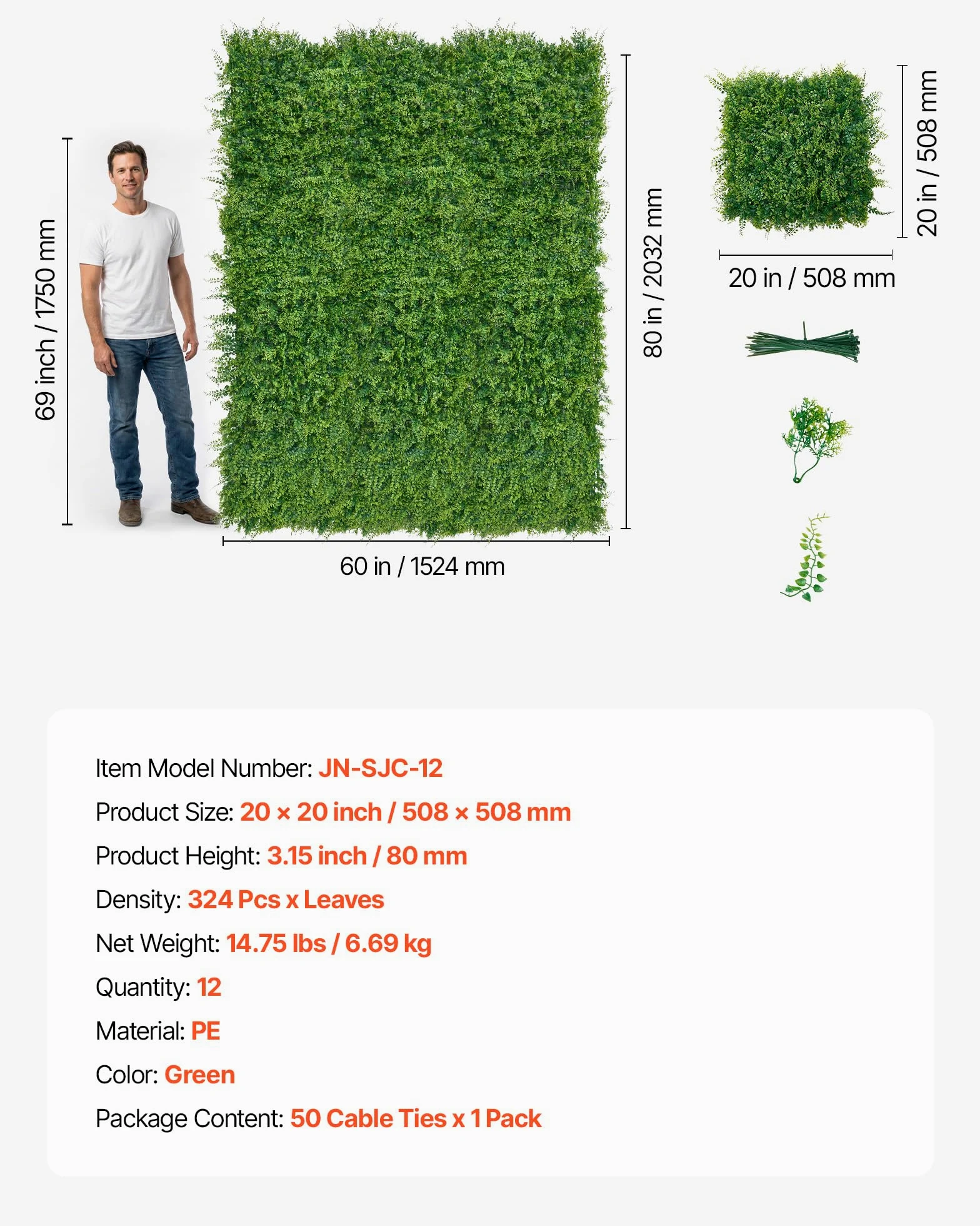 VEVOR Mur Végétal Artificiel 50,8x50,8 cm Haie Artificielle Lot de 12 Panneaux de Verdure Artificielle Brise Vue de Balcon pour Décoration, Mariage, Intérieur et Extérieur, Clôture de Jardin, Terrasse
