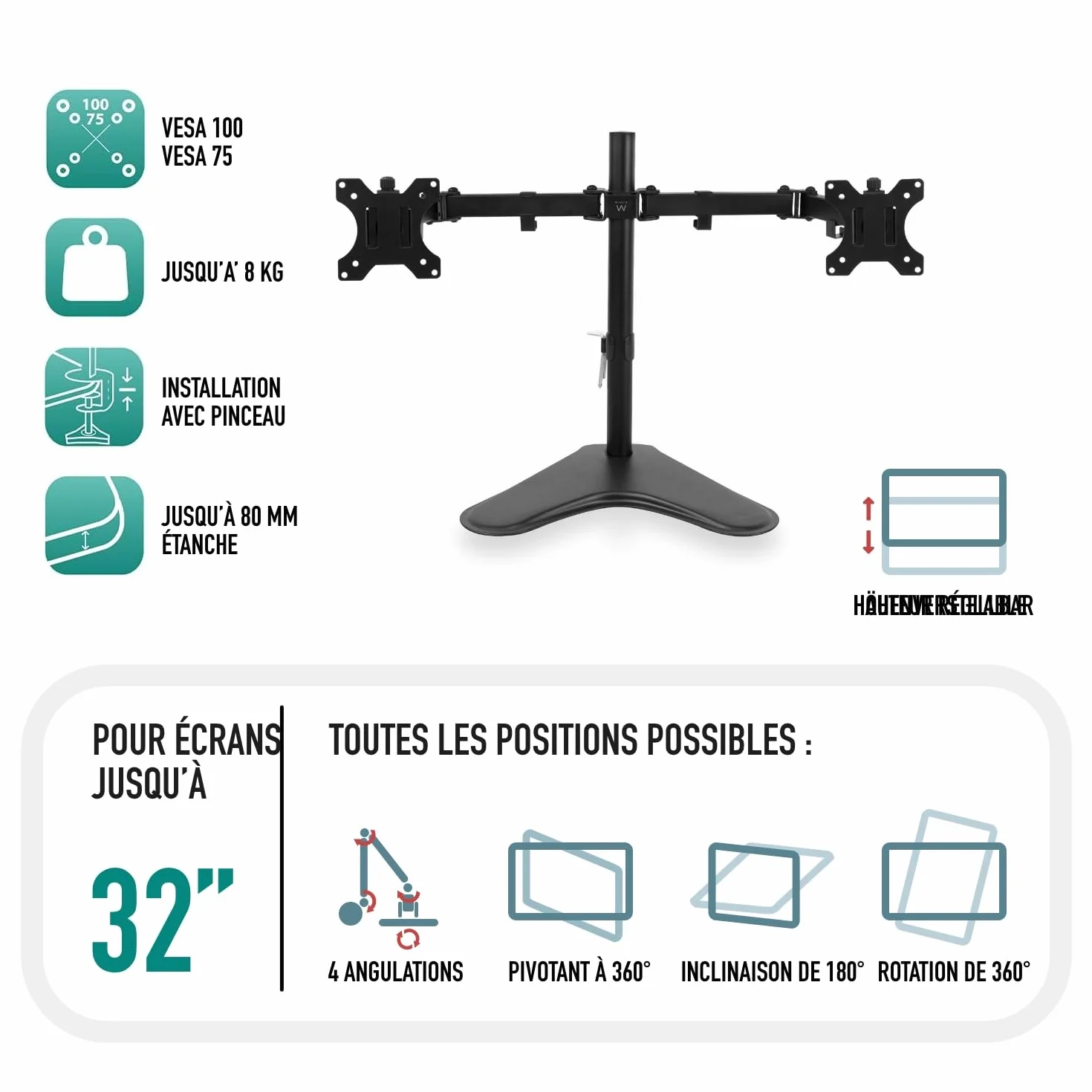 Support Écran PC pour Deux Moniteurs 13-32 Pouces, VESA 75/100 mm, Inclinaison ±45°, Pivotement 360°, jusqu'à 8 kg
