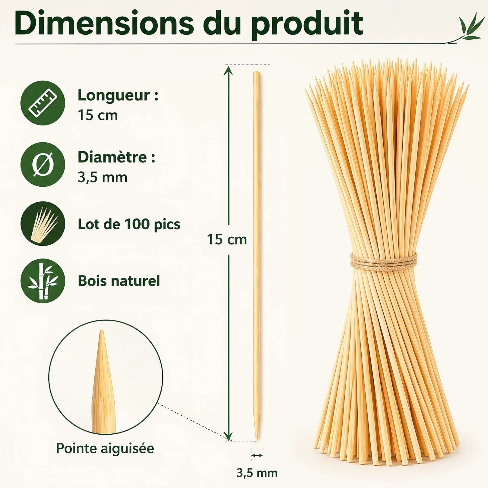 Lot de 100 Pics à Brochettes en Bois 3.5mm x 15cm pour Barbecue, Grillades, Fruits et Légumes