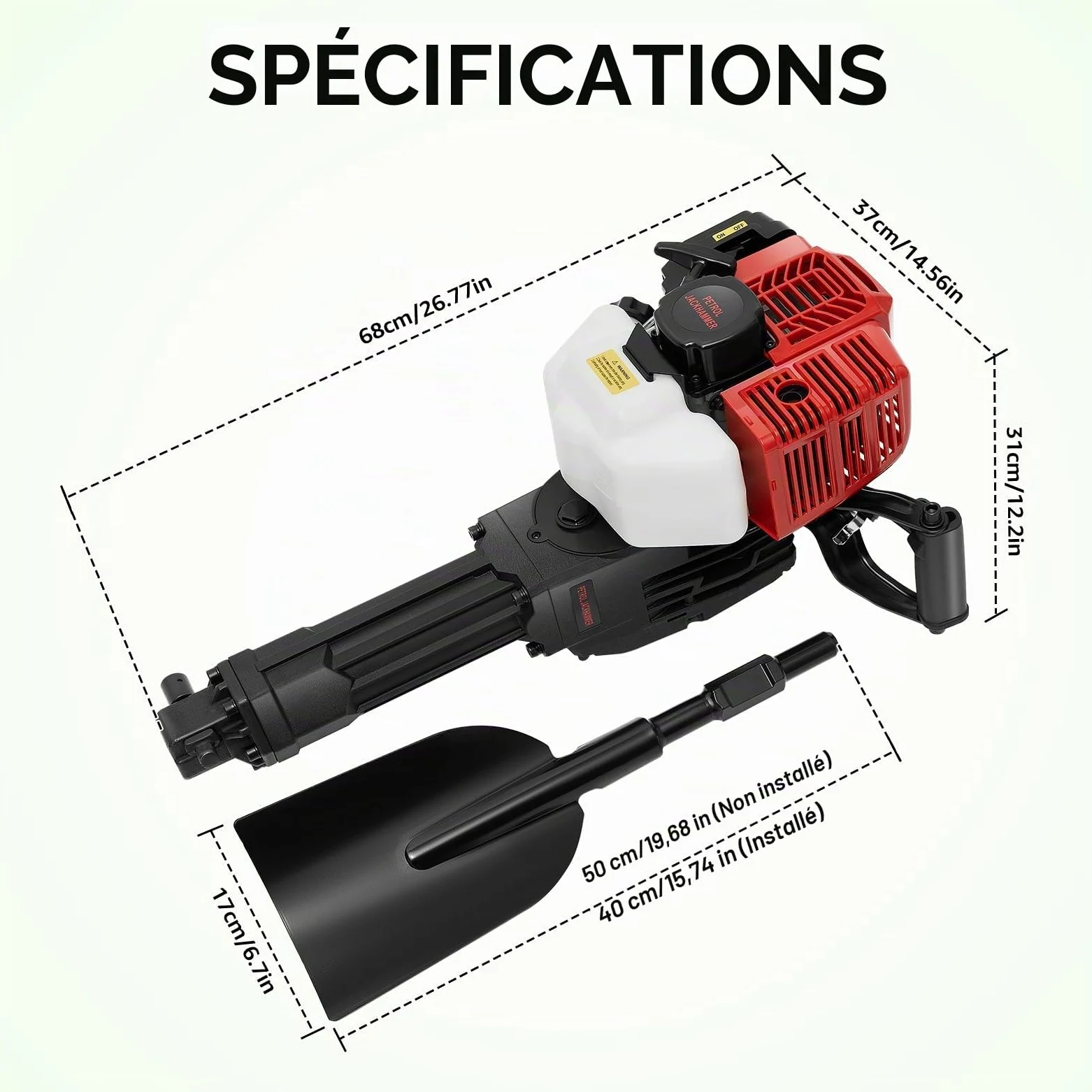 52CC 2-Temps Démolisseur Manuel à Essence Portable Pelle de Jardin Pelle d’Arbre Pelle de Jardin pour la Plantation de Jeunes Arbres en Forêt, Supports de Vigne, Plantation de Légumes