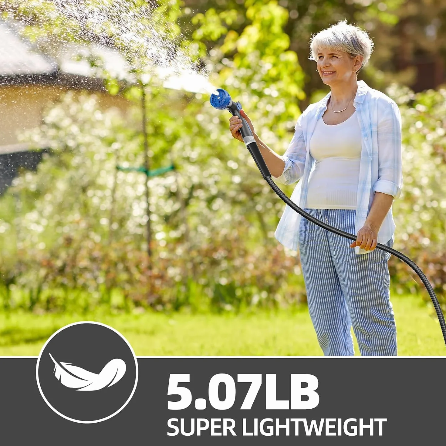 SPECILITE Tuyau d'arrosage en acier inoxydable 304 de 15,2 m très résistant avec buses pour cour, extérieur – Flexible, ne s'emmêle pas, résistant aux perforations (noir)