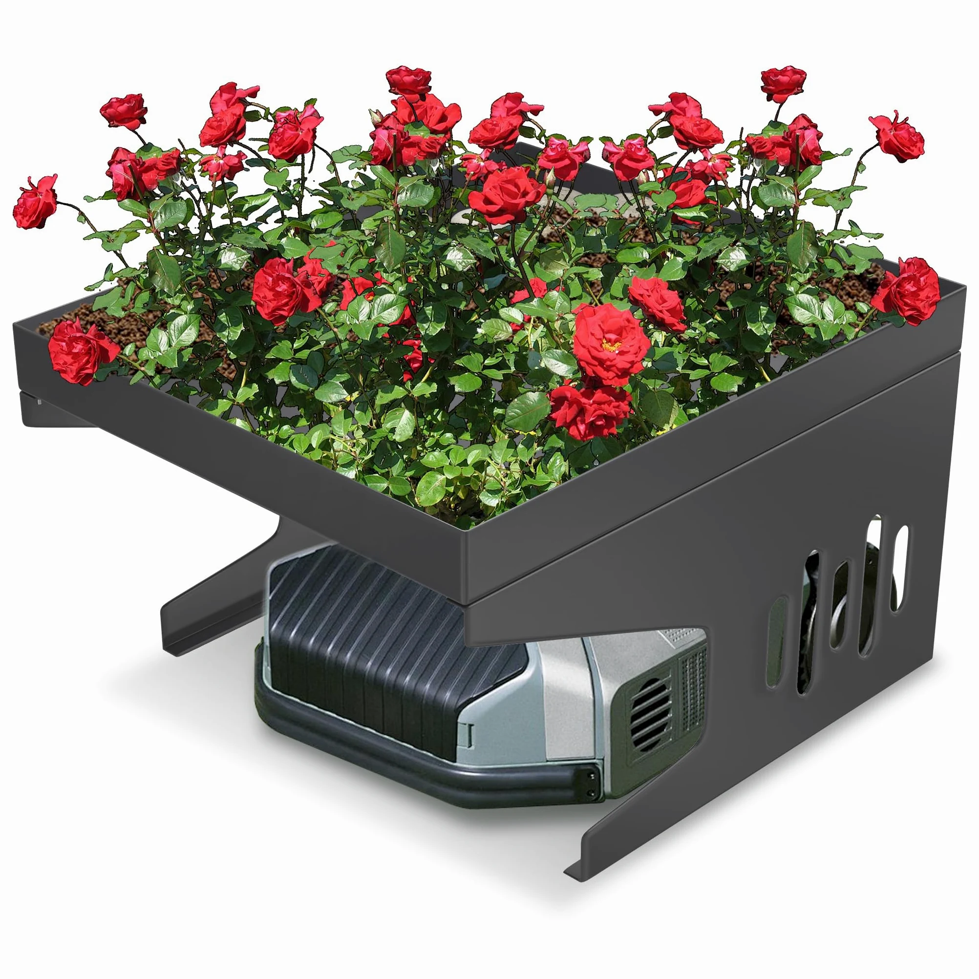 Toit de garage pour tondeuse robot - 70 x 60 x 43 cm - En métal - Protection contre la pluie et le soleil - Avec bac à plantes - Résistant aux intempéries - Pour la plupart des robots à gazon
