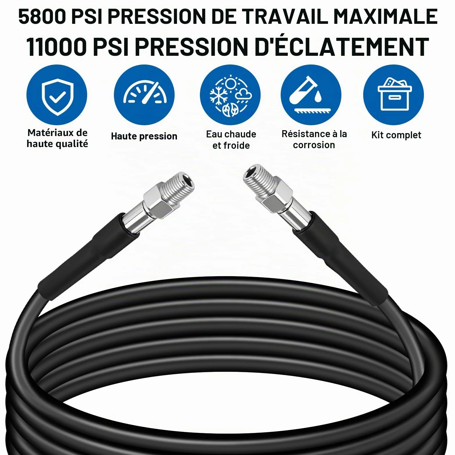 15M Tuyau Nettoyeur Haute Pression, Tuyau de Nettoyage de Canalisation, Tuyau de Rechange Haute Pression Compatible avec Karcher K2-K7, Inclut Adaptateurs, Buses, Sac et Ruban PTFE, 400 Bar 140°F