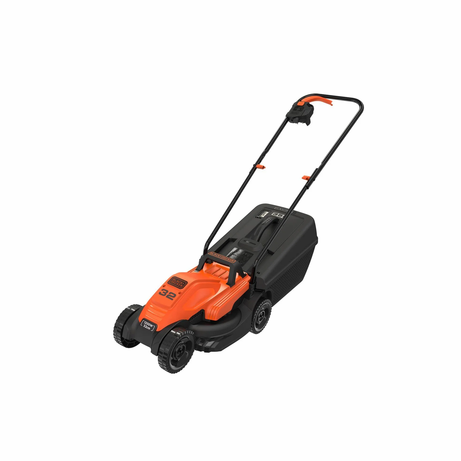 BLACK+DECKER Tondeuse Filaire 1200W, Tondeuse à Gazon 32 cm, 3 hauteurs réglables 23, 43 et 63 mm, Idéale Jusqu'à 300 m², Lame à Ailettes pour un Broyage et Hachage Optimal, BEMW451-QS Orange