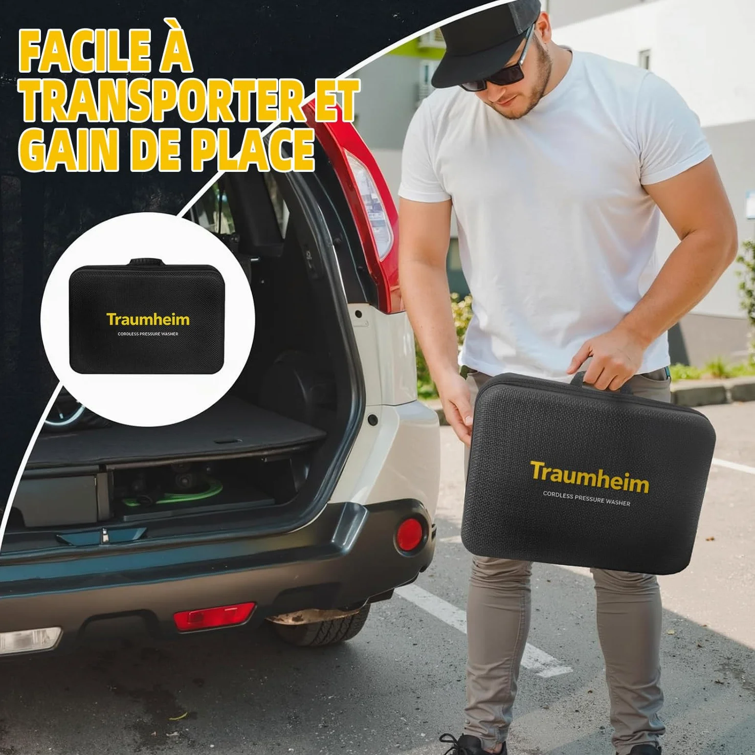 Nettoyeur Haute Pression à Batterie 21V, 68 Bar / 990 PSI, avec 2 Batteries de 4000 mAh, Ensemble d'accessoires de 17 pièces, Tige d'allongement,Jaune foncé | Moteur sans balais, buse rotative à 180°/360°, buse 6 en 1, raccord de bouteille, barre d'extens