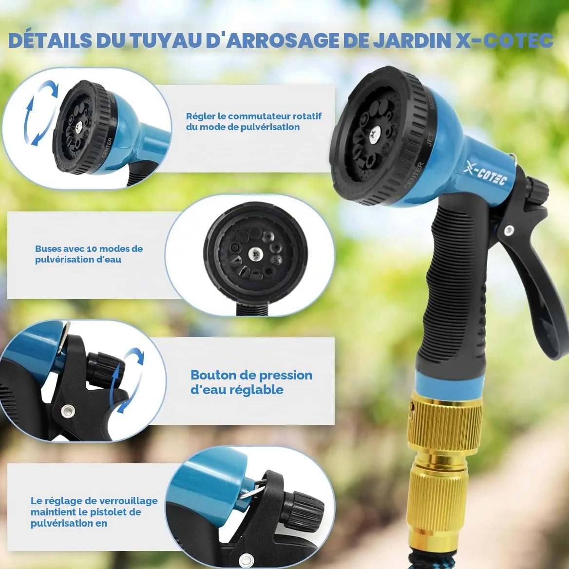 Tuyau d'Arrosage Extensible 30m/100ft, Tuyau Rétractable avec Adaptateur 1/2" et 3/4", 10 Modèles de Pulvérisation, pour Arrosage Jardin et Nettoyage