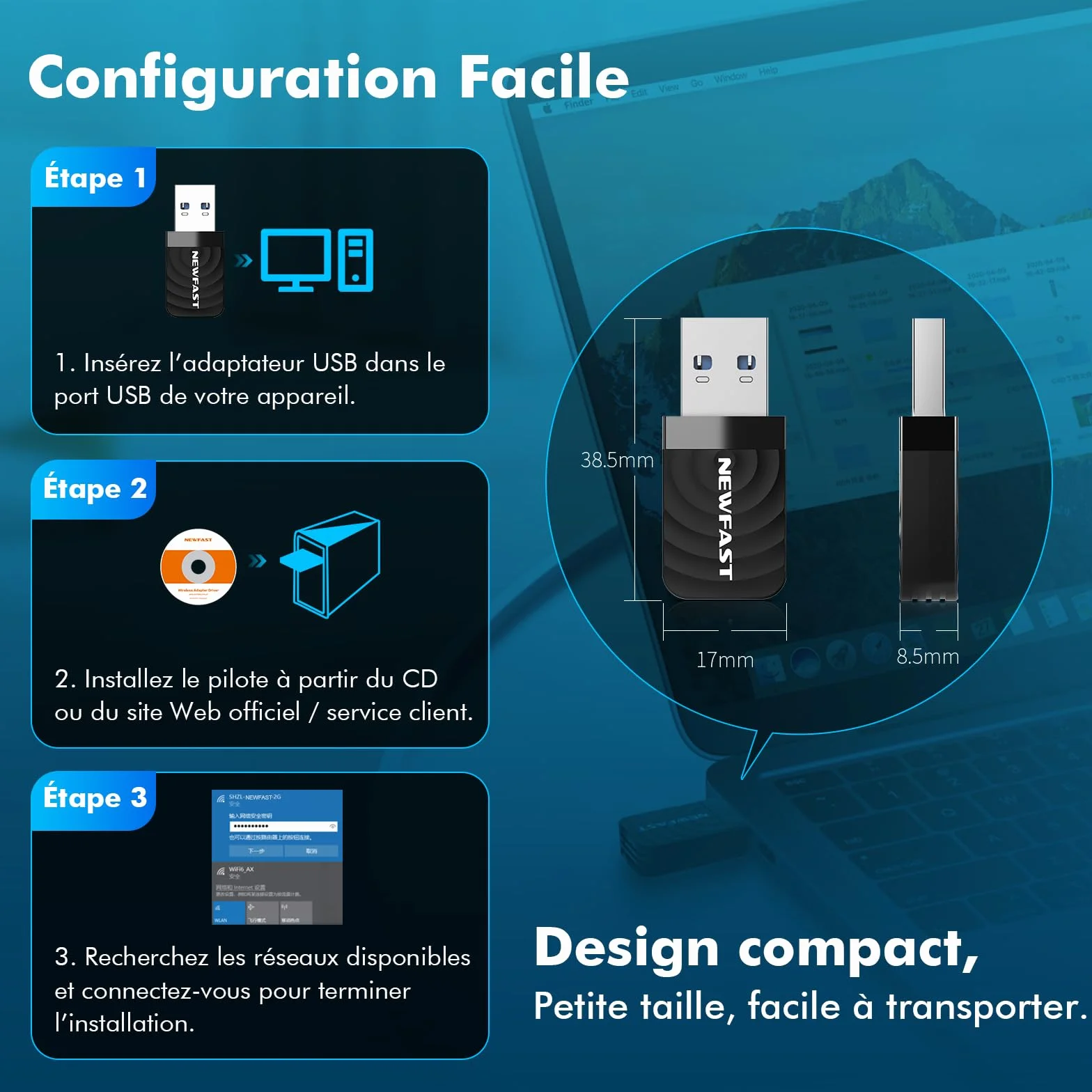 NEWFAST Clé WiFi AC1300 Mbps NF-U323, Nano Adaptateur USB WiFi Double Bande 2.4G/5GHz, MU-MIMO USB 3.0