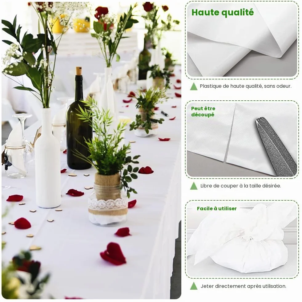 Nappes Jetables Blanche 150 x 280cm Imperméable en PEVE Rectangulaires pour Fête Pique-Nique Barbecue Mariages Banquet