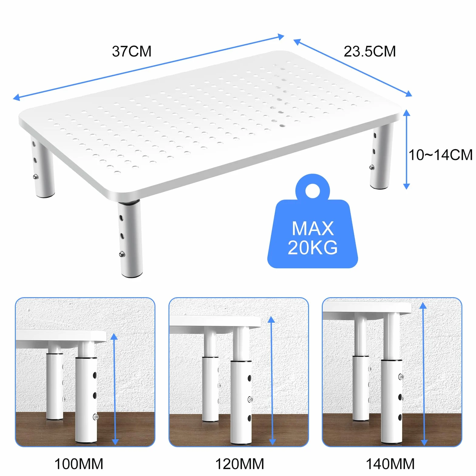 Suptek Rehausseur Écran PC Bureau 370x235mm Support Moniteur Ergonomique 3 Hauteurs Réglables jusqu'à 20 kg Blanc