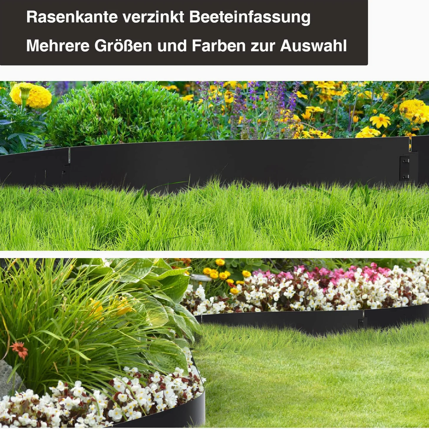 Bordure de pelouse en métal 10m - 10 pièces Bordure de Tonte, galvanisée Clôture de Jardin Bordure de Parterre Longueur par Bande 10m - Hauteur 18cm, Noir