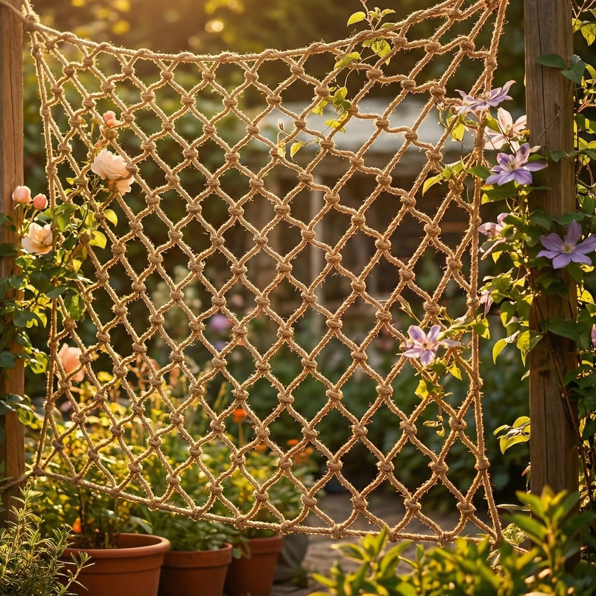 Filet de Jute pour Plantes 180 x 180 cm, Filet à Ramer Naturel pour Plantes Grimpantes et Tomates