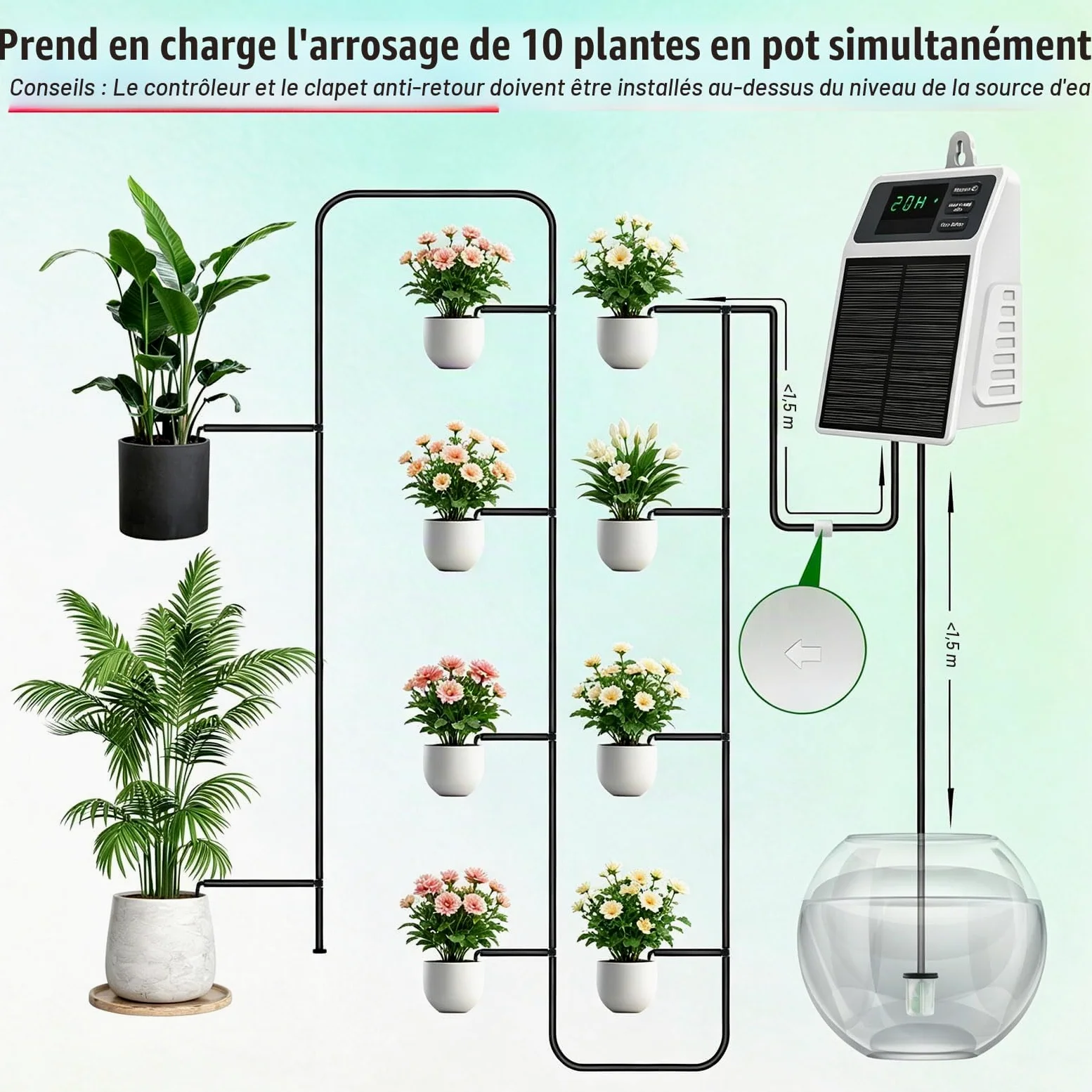 Système d'arrosage automatique solaire goutte à goutte avec tuyau d'arrosage de 10 m | Pompe d'arrosage automatique pour jardin, plantes en pot, serre, terrasse, intérieur et extérieur