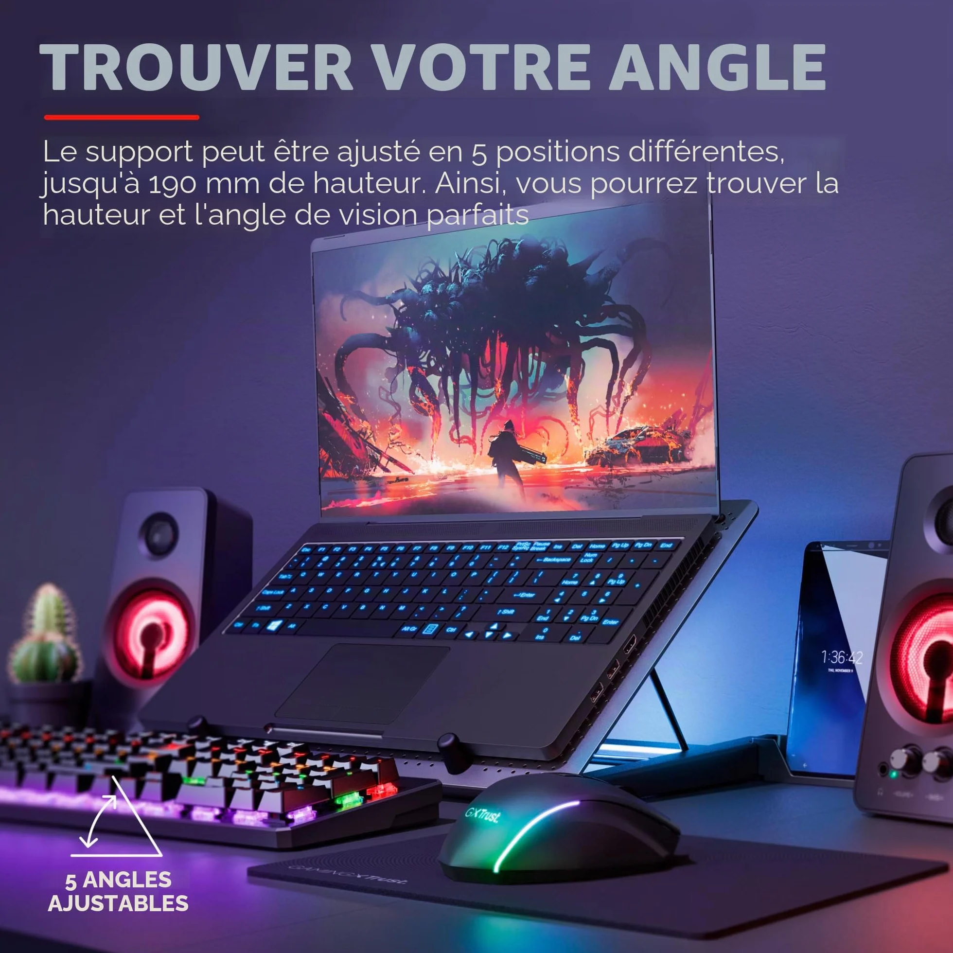 Trust Gaming GXT 1125 Quno Support de Refroidissement pour Portables 17,3 Pouces 5 Ventilateurs Éclairés