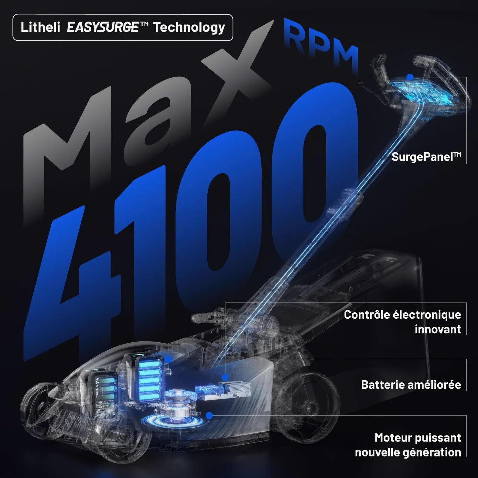 Litheli Easysurge Tondeuse à Gazon sans Fil 43cm, 2X 20V Batteries 4.0Ah, Autotractée (2,2-4,7 km/h), Bac 50L, 25-75 mm Hauteur Réglable, pour Pelouses jusqu'à 500m²