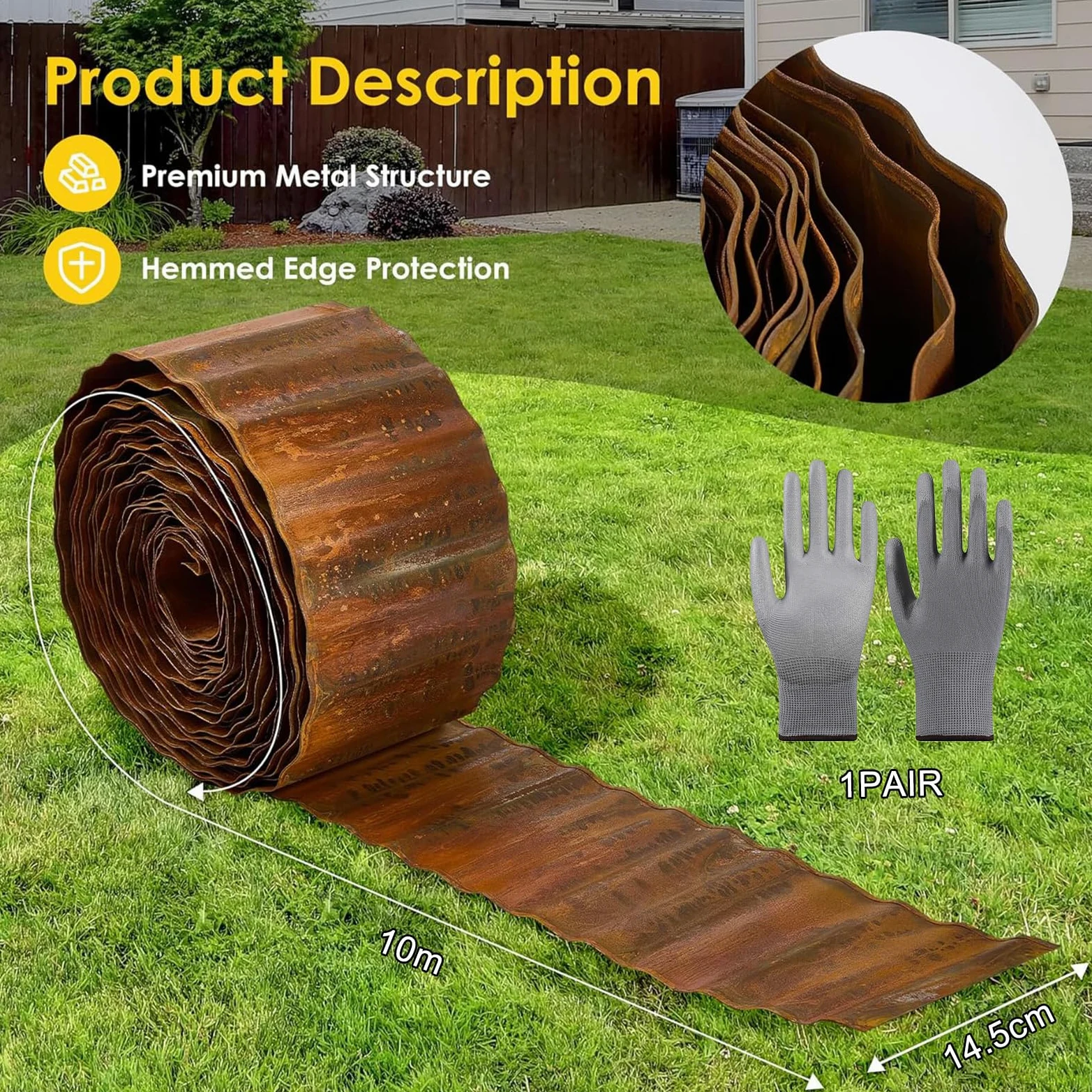 Bordure de pelouse en métal - 10 m x 14,5 cm de haut - En acier Corten - Aspect rouille - Bordure de parterre pour bricolage - Avec 1 paire de gants - Bordure de pelouse en métal galvanisé pour jardin