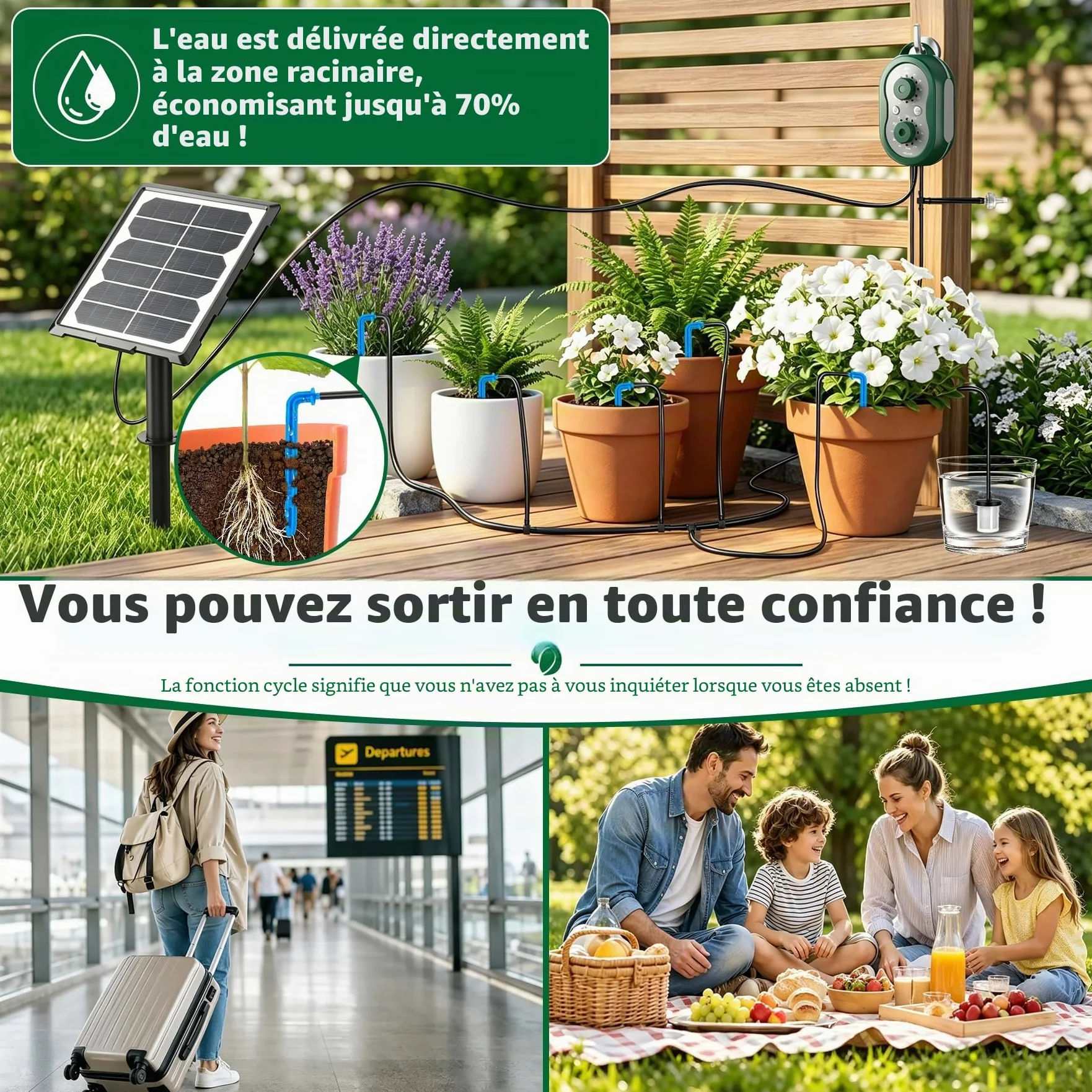 Kit Arrosage Automatique Solaire pour Jardin avec Contrôleur, 2200mAh Rechargeable Système D'irrigation Goutte à Goutte 132 Modes Arrosage Automatique pour Jardin, Balcon, Pelouse