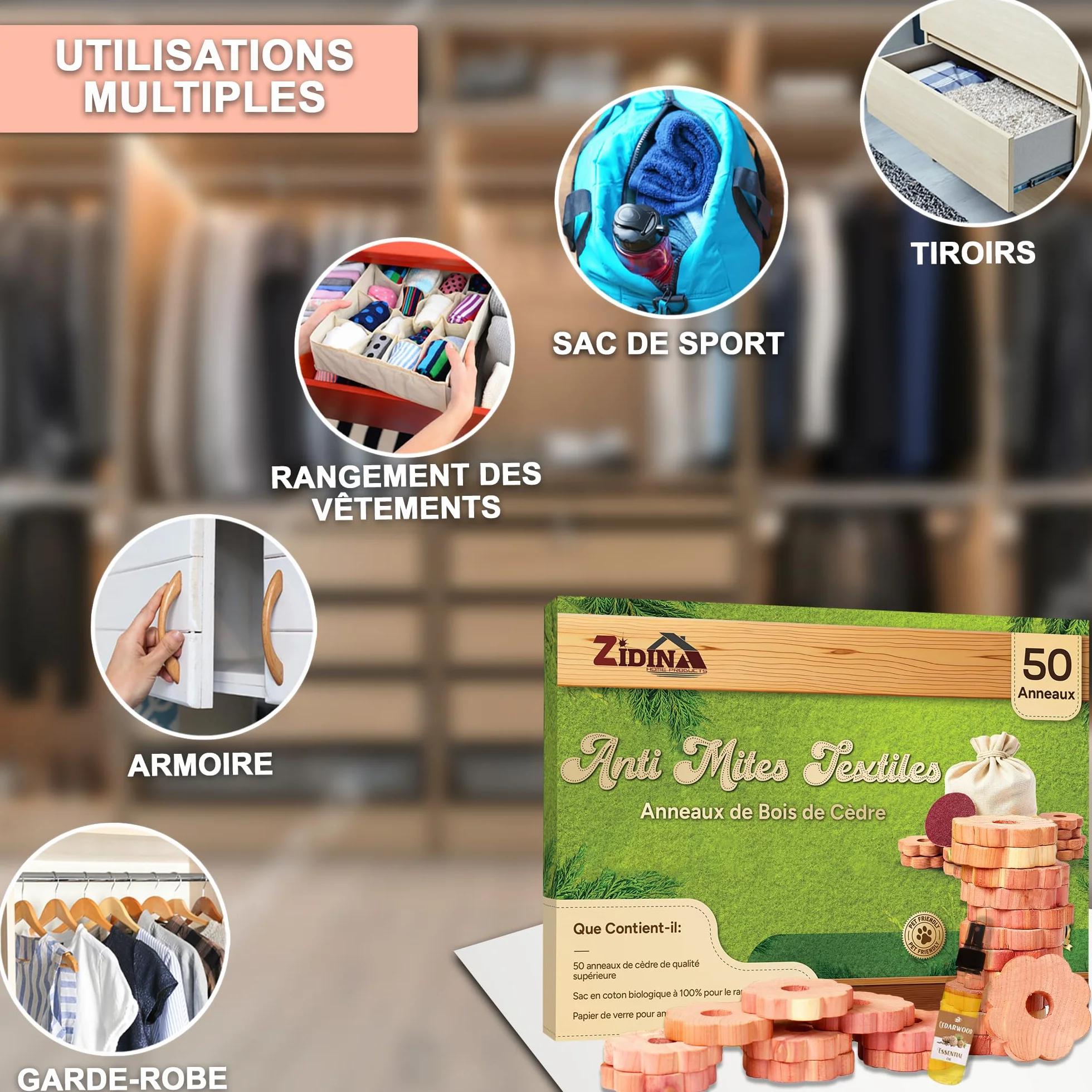 Anti Mites Textiles Pack de 50 Anneaux pour Vêtements avec Huile de Cèdre 4,5 ml
