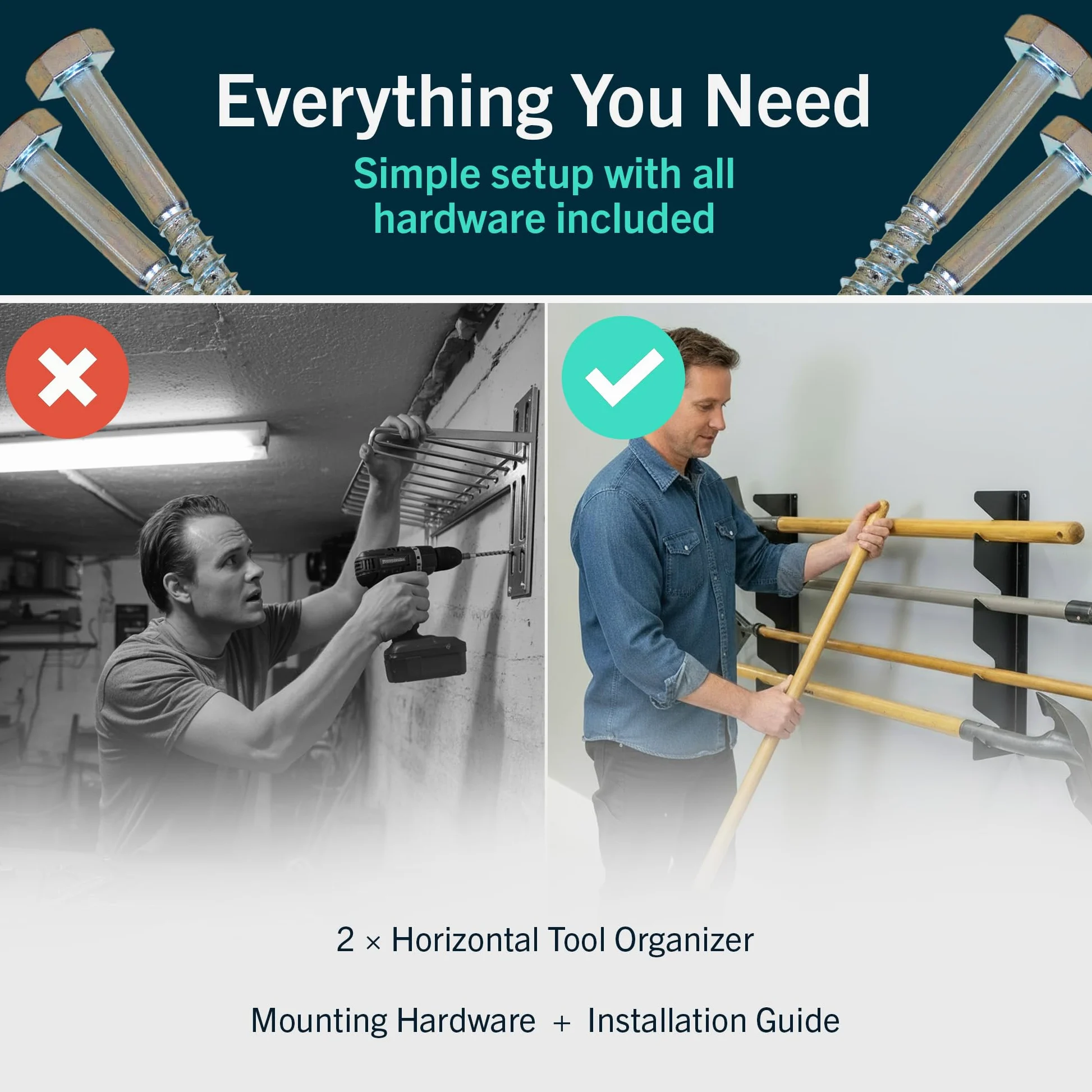 StoreYourBoard Organiseur horizontal pour outils d'abri de jardin – Organiseur mural pour outils de garage – Organisateurs d'outils en acier robuste et rangement pour pelles, râteaux, balais
