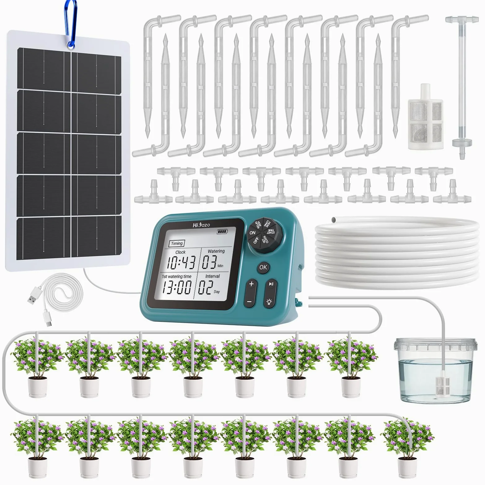 Kit d'Arrosage Goutte à Goutte Automatique Solaire, Programmateur Large Écran 3,5", Irrigation Racinaire Précise pour Jusqu’à 15 Plantes, Pompe 800 ml/min pour balcon et jardin