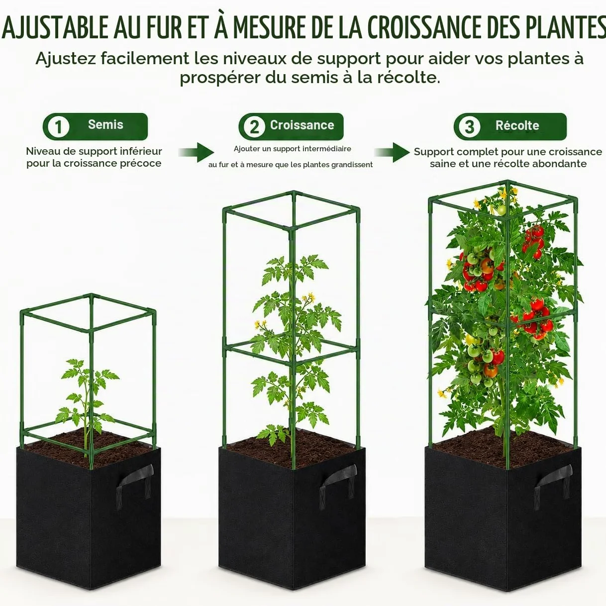 Tuteurs pour tomates avec Sacs de Culture 57 L, Lot de 3 Cages carrées en Acier 120 cm, Supports réglables pour Plantes grimpantes, Balcon, Jardin et Serre