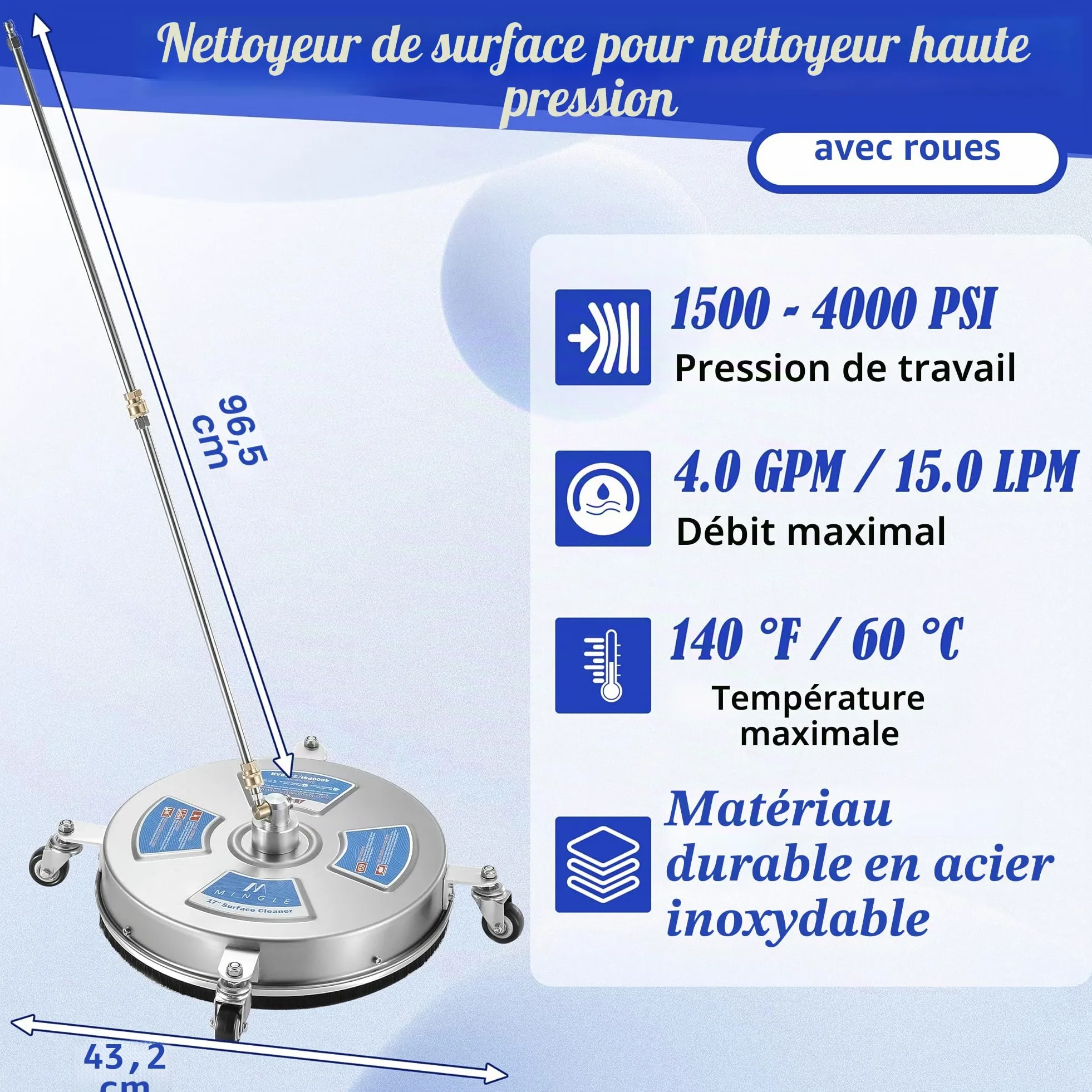 M MINGLE Nettoyeur de Surface Haute Pression 43cm avec 2 Baguettes | Brosse Rotative pour Nettoyeur Haute Pression avec 2 Lances de Remplacement, Raccord Rapide 1/4", 280 bar (4000 PSI)