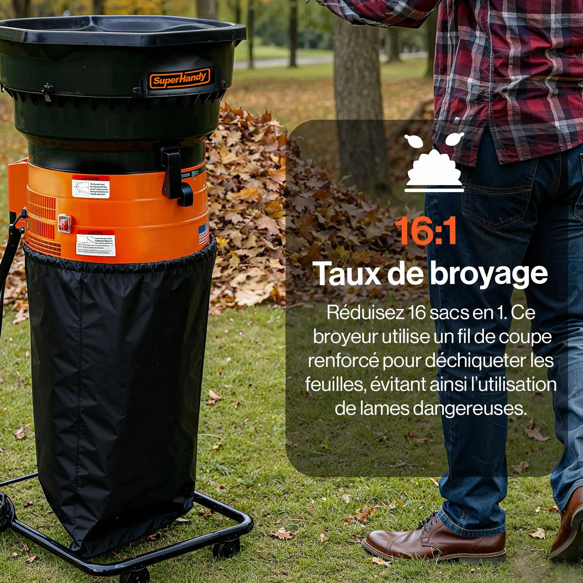 SuperHandy Mulcher & Broyeur sans lame pour feuilles de jardin, 1800 W | 8000 tr/min; Entonnoir 50 cm, réduction 16:1; léger, seulement 8,5 kg, pour broyer efficacement les feuilles