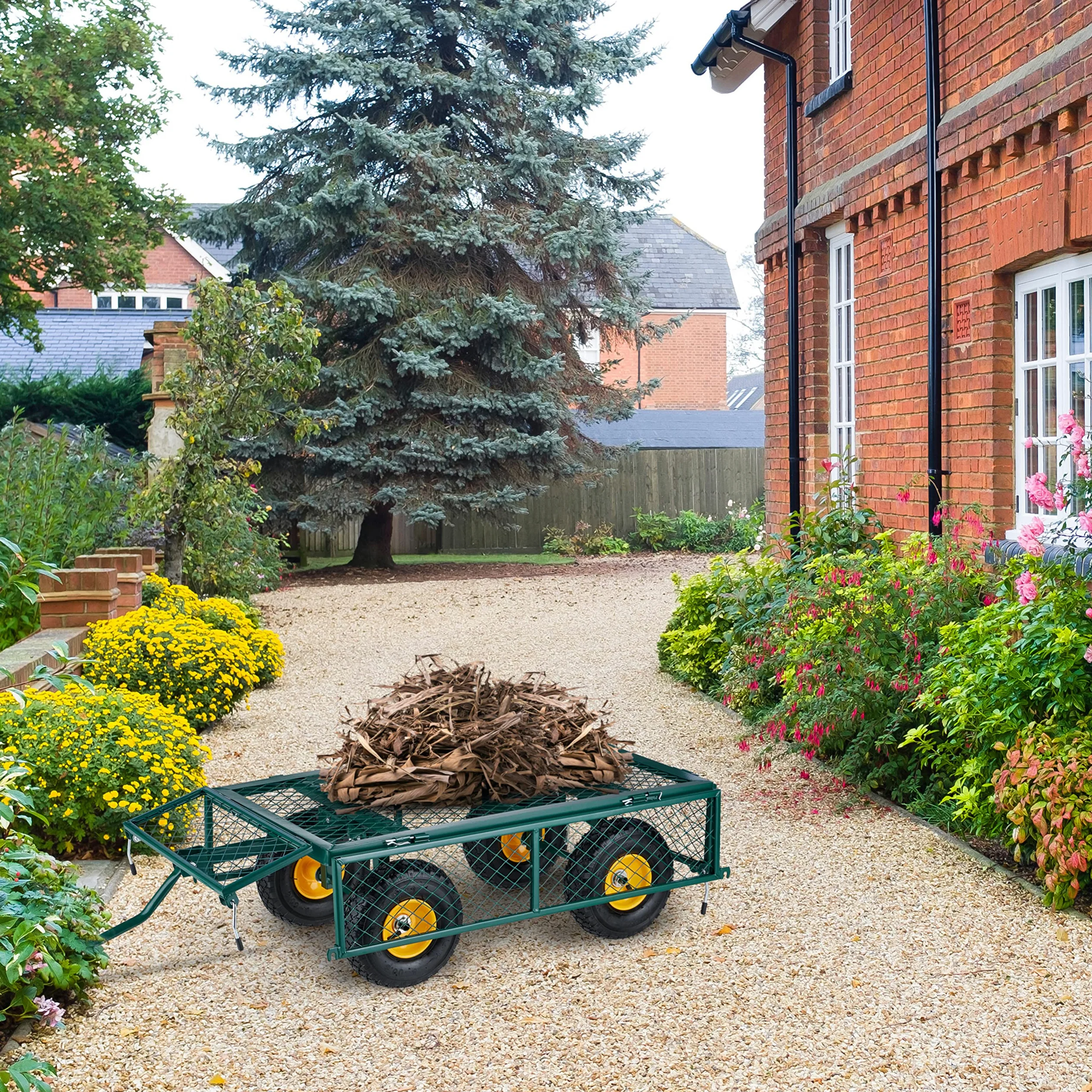 Relaxdays Chariot de Jardin Pratique, Roues pneumatiques, Parties latérales Pliables, Charge Max. 200 kg, Vert/Jaune