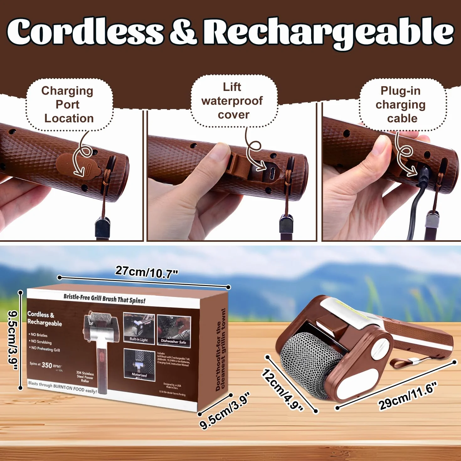 Vibbang Nettoyeur de gril électrique sans fil, Brosse Barbecue acier inoxydable 304, 350 TR/Min