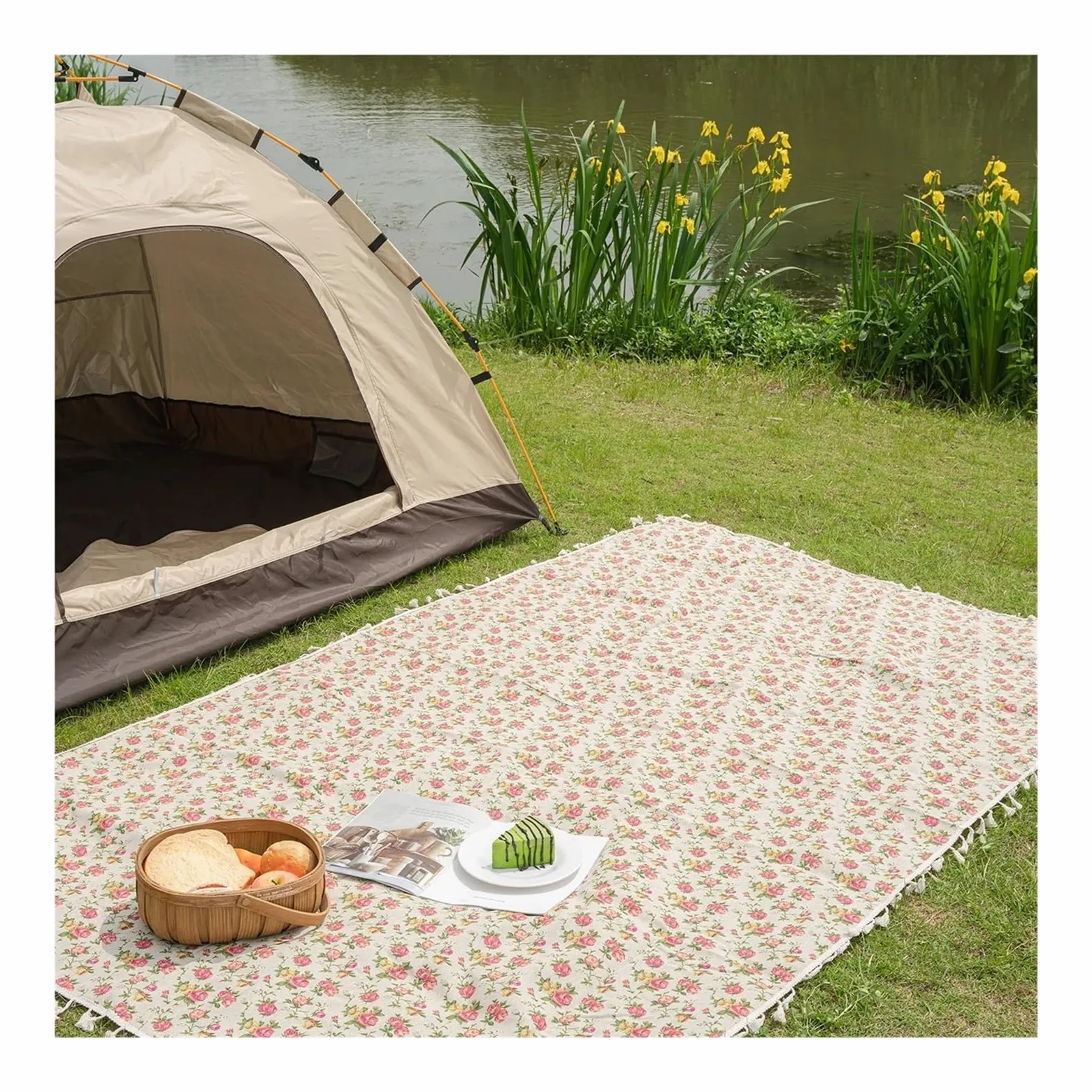 Couverture Pique Nique Tapis de Pique-Nique Pliable Style Campagne Rose, idéal for Les Voyages à la Plage, Le Camping et randonnée(140x300)