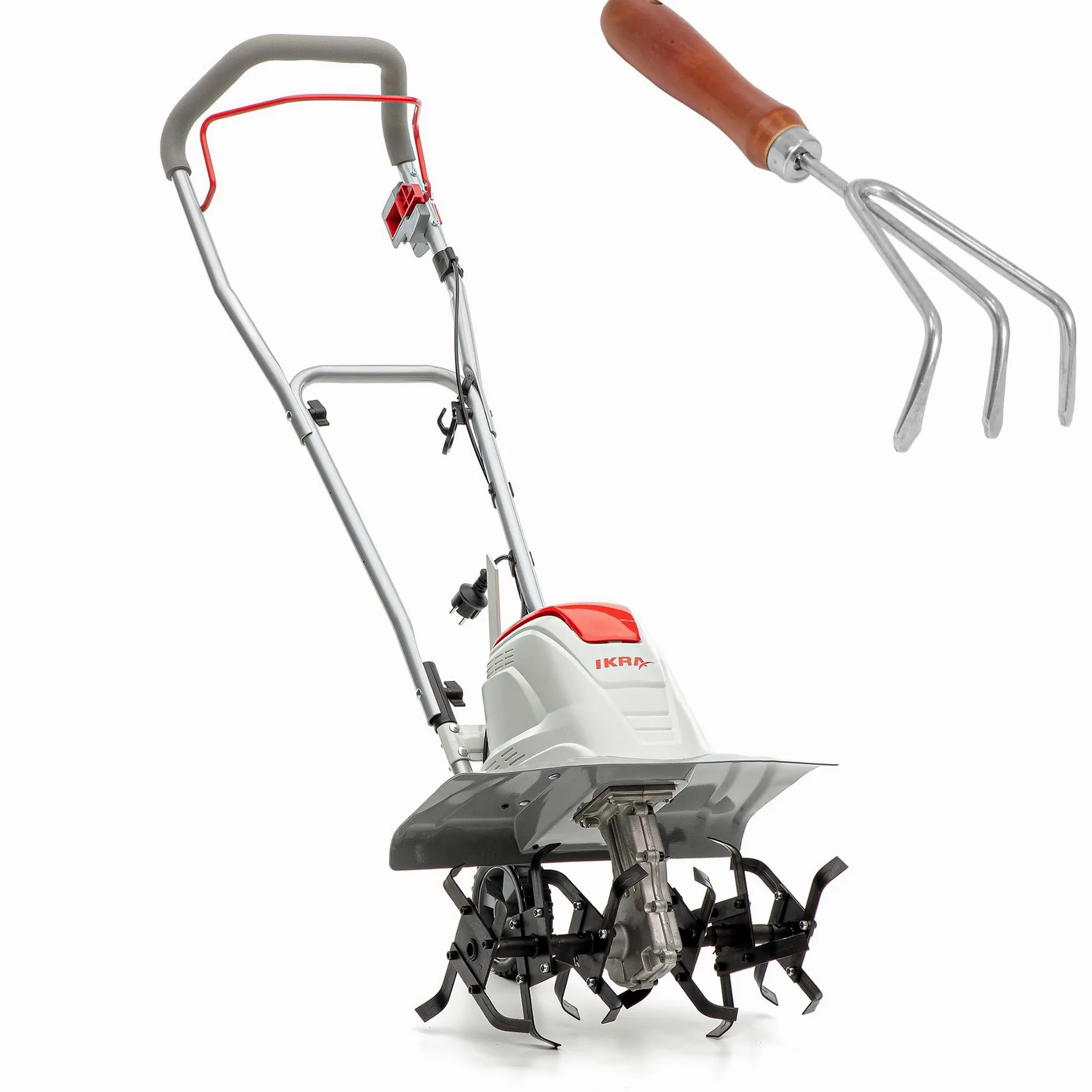 IKRA motoculteur électrique FEM 1500, 17, 30 et 45 cm, avec sarcloir Manuel | 1500 W, profondeur de travail 23 cm, patin de frein, roue de transport, pliable, protection contre les surcharges