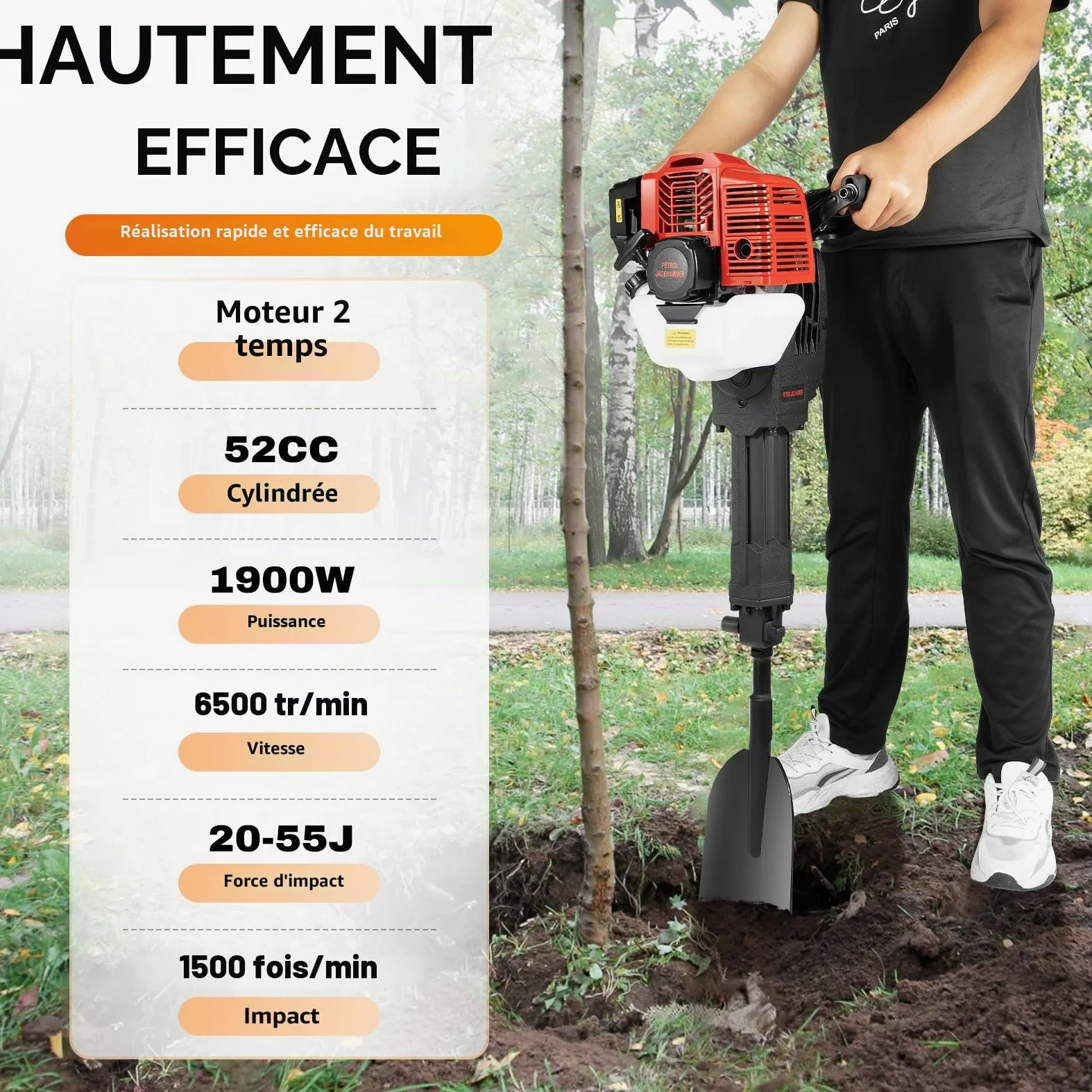 52CC 2-Temps Démolisseur Manuel à Essence Portable Pelle de Jardin Pelle d’Arbre Pelle de Jardin pour la Plantation de Jeunes Arbres en Forêt, Supports de Vigne, Plantation de Légumes