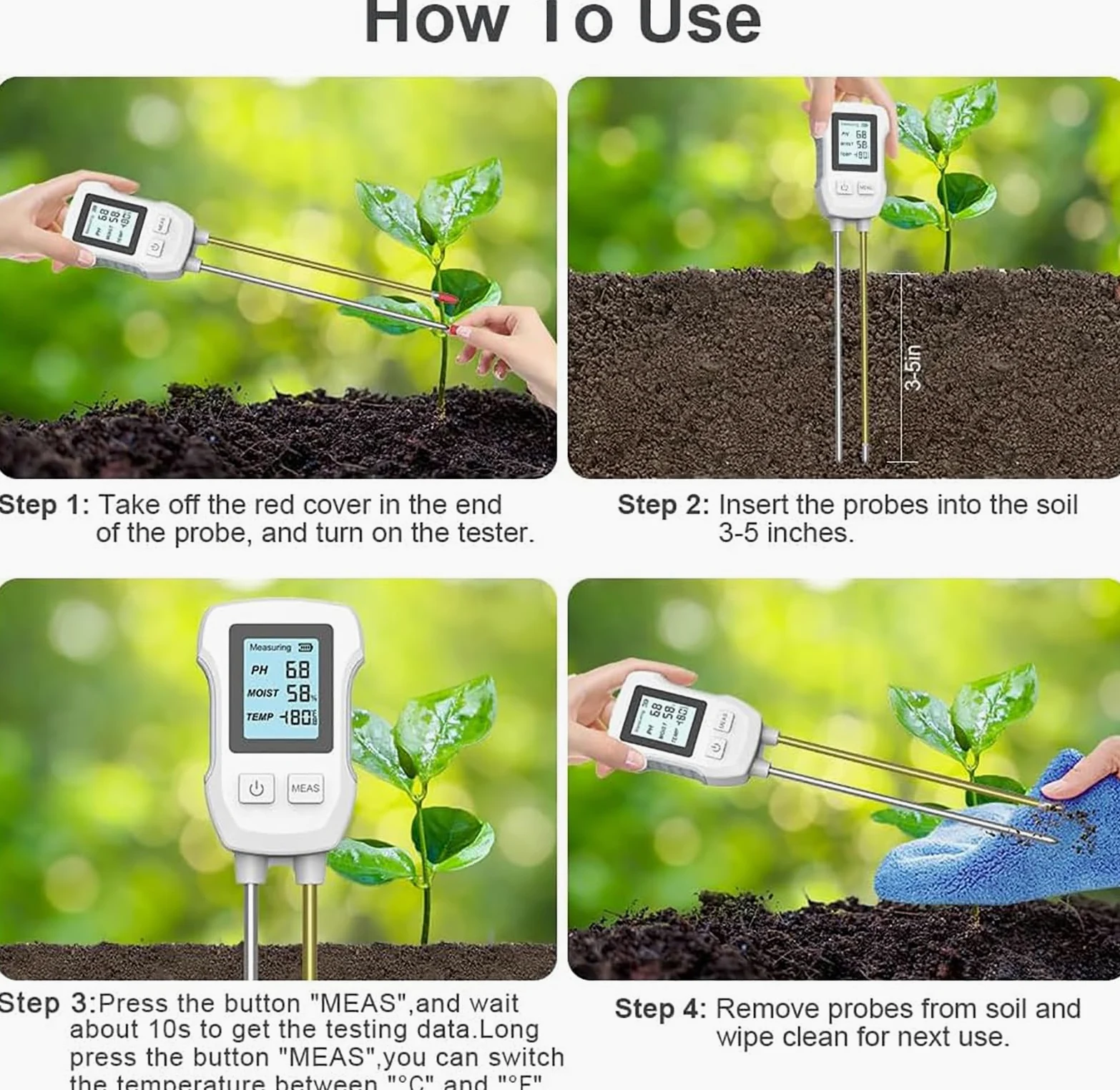 Testeur d'humidité du sol, 3 en 1 pour température, humidité et pH, haute précision pour jardin, pelouse, plantes, ferme, intérieur et extérieur