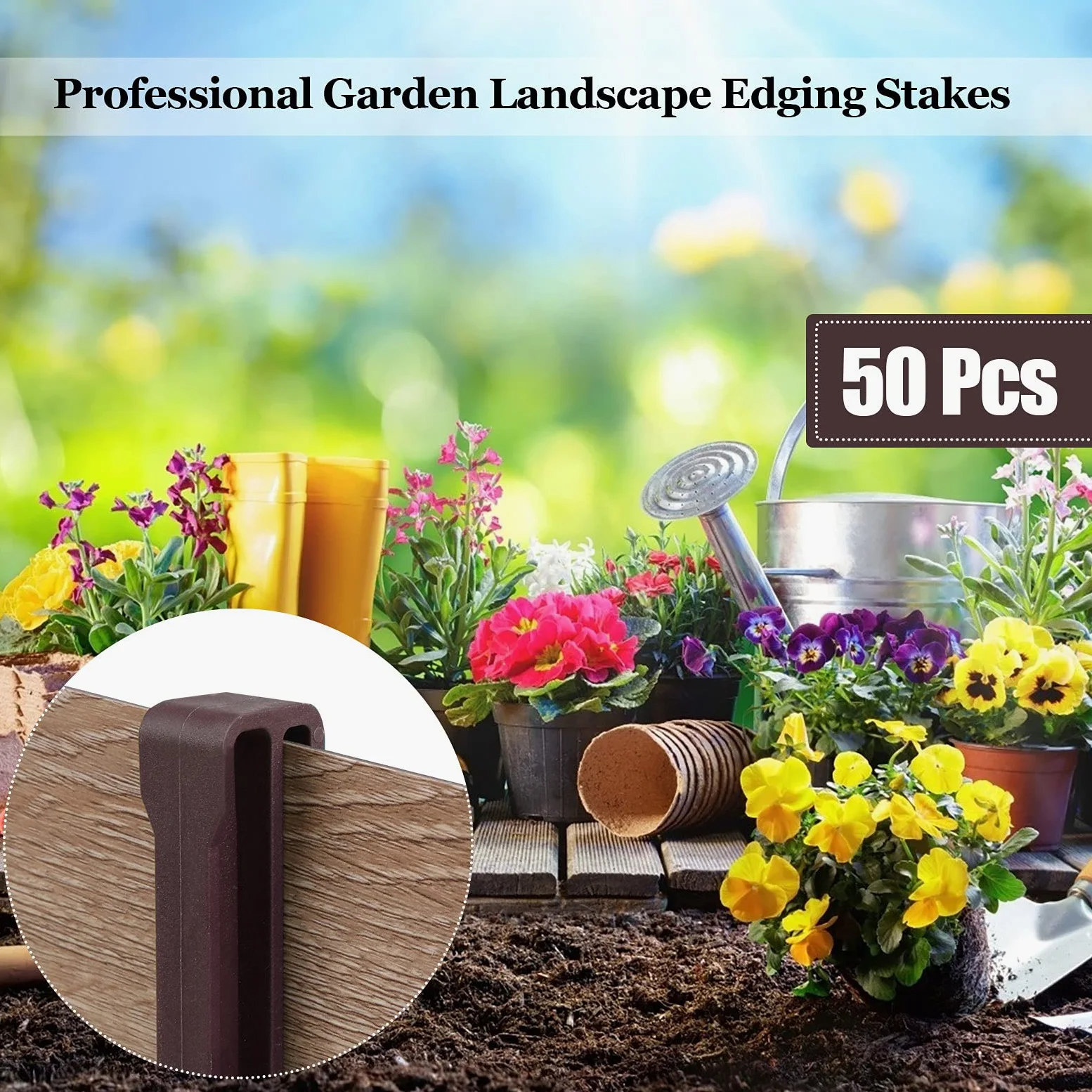 Lot de 50 piquets de sol en plastique de 24.6 cm pour bordures de paysage, planches de terrasse et pelouse de jardin, piquets robustes pour sable et bois de plage (marron)
